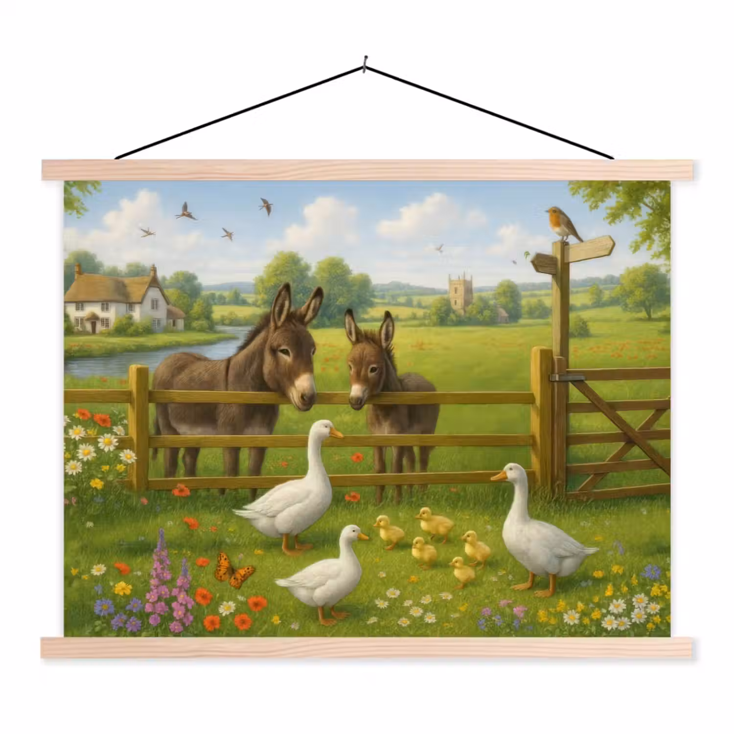 Ezels - Ganzen - Kleurrijk textielposter latten blank klein -3d