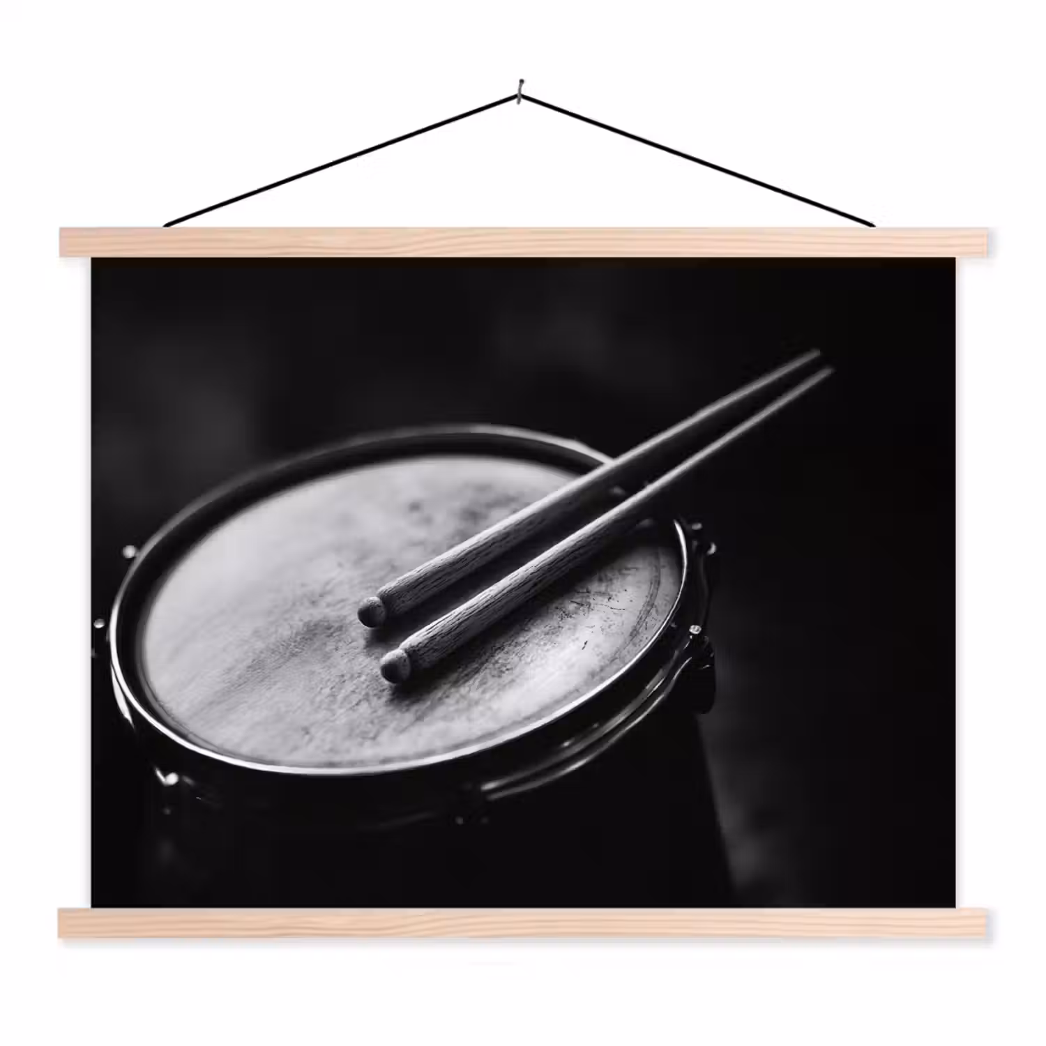 Trommel - Close-up - Drumstokken - Zwart textielposter latten blank klein -3d