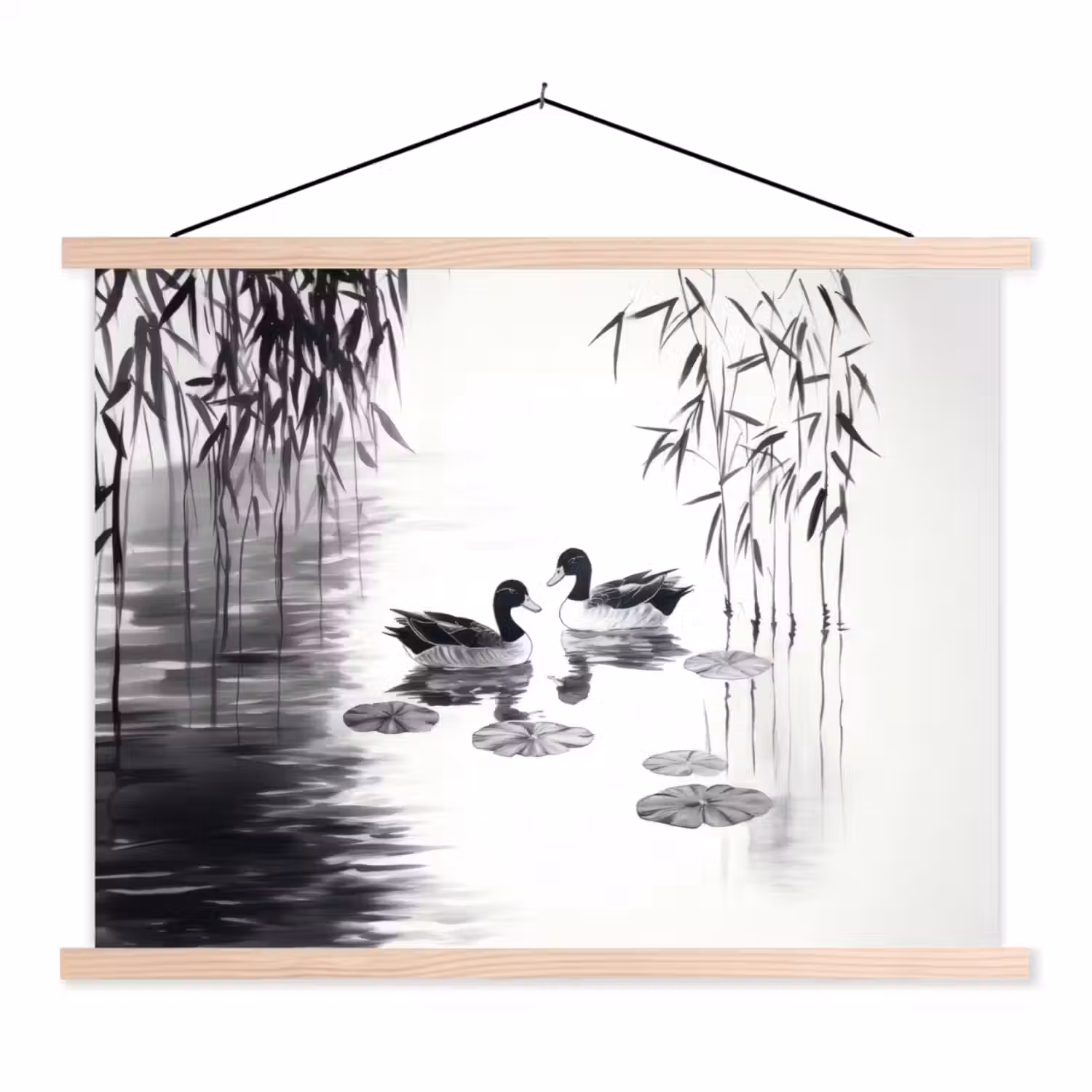 Eenden - Waterlelies - Riet - Zwart textielposter latten blank klein -3d