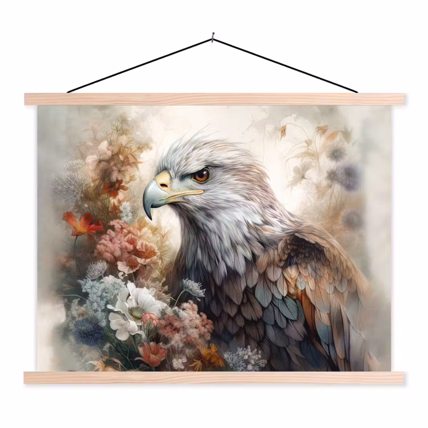 Arend - Adelaar - Vogel - Bloemen - Natuur textielposter latten blank klein -3d