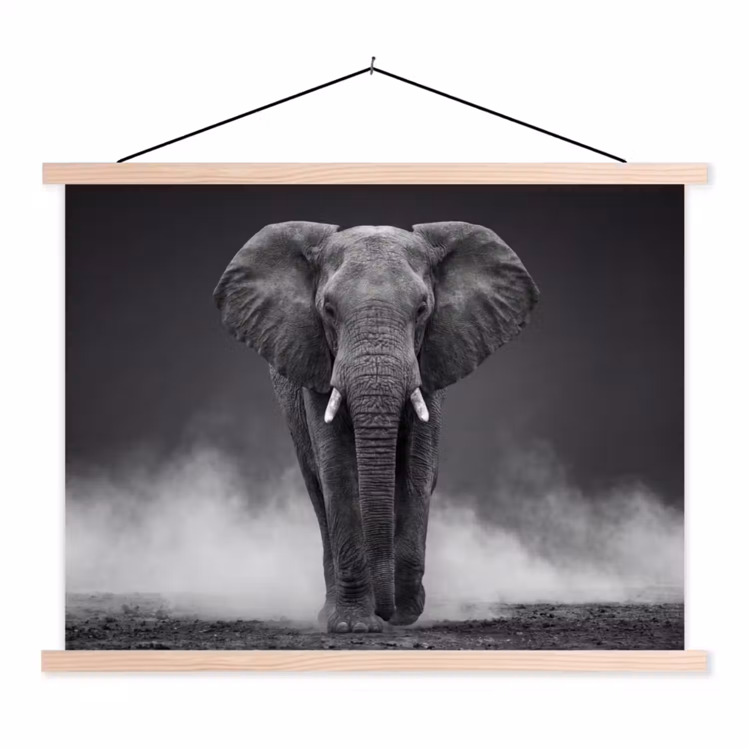 Olifant - Zwart - Wit - Rook textielposter latten blank klein -3d