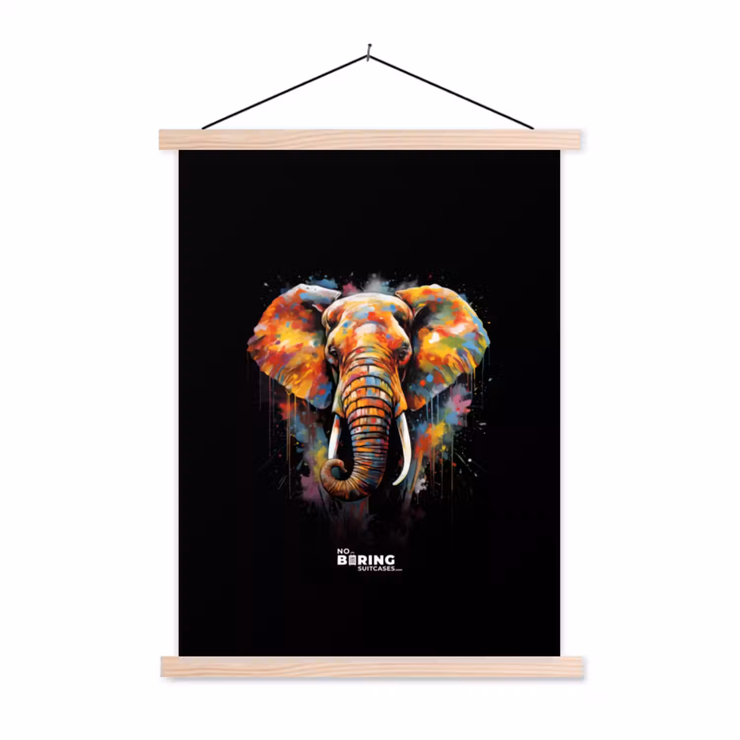 Olifant versierd met kleurrijke spetters textielposter latten blank klein -3d