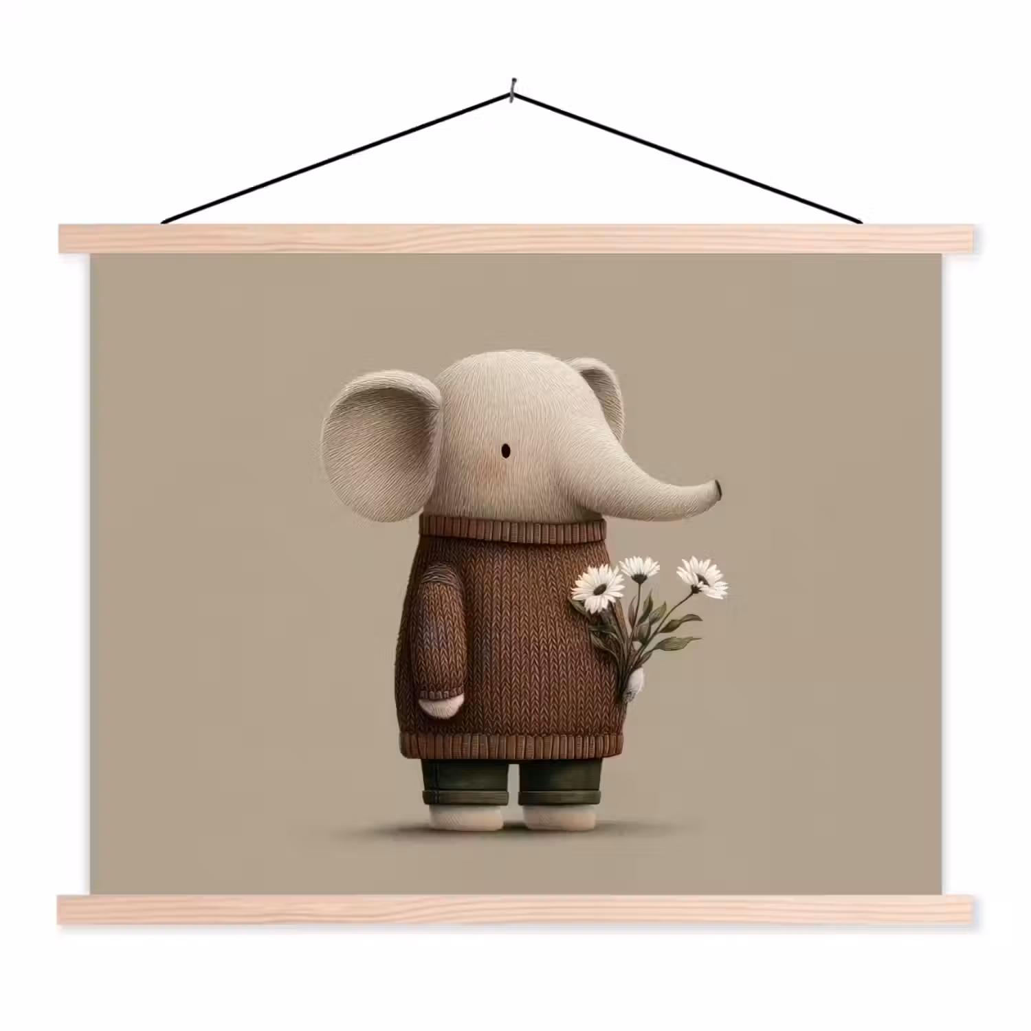 Olifant - Witte bloemen - Kindvriendelijk textielposter latten blank klein -3d