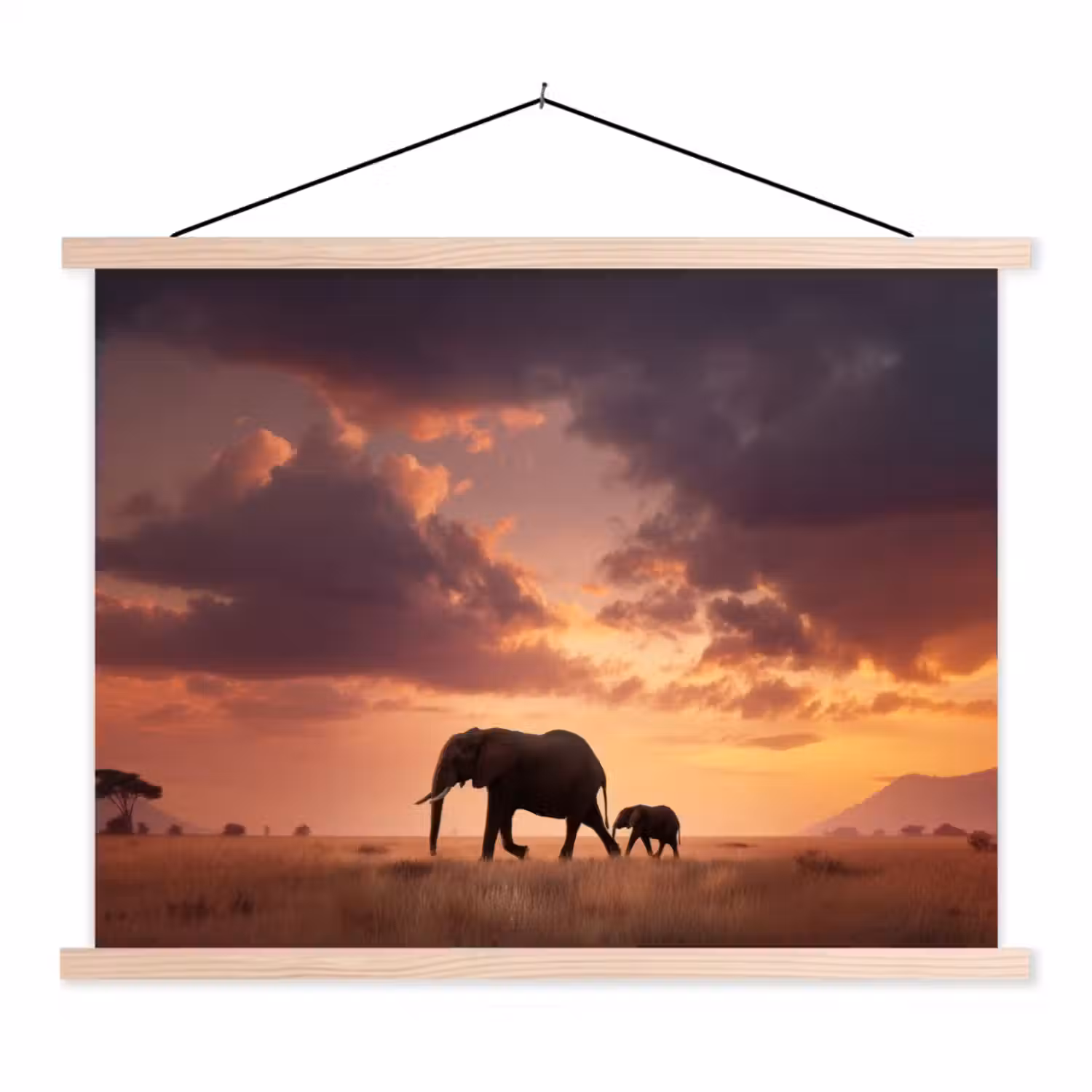 Olifanten - Grasland - Zonsondergang textielposter latten blank klein -3d