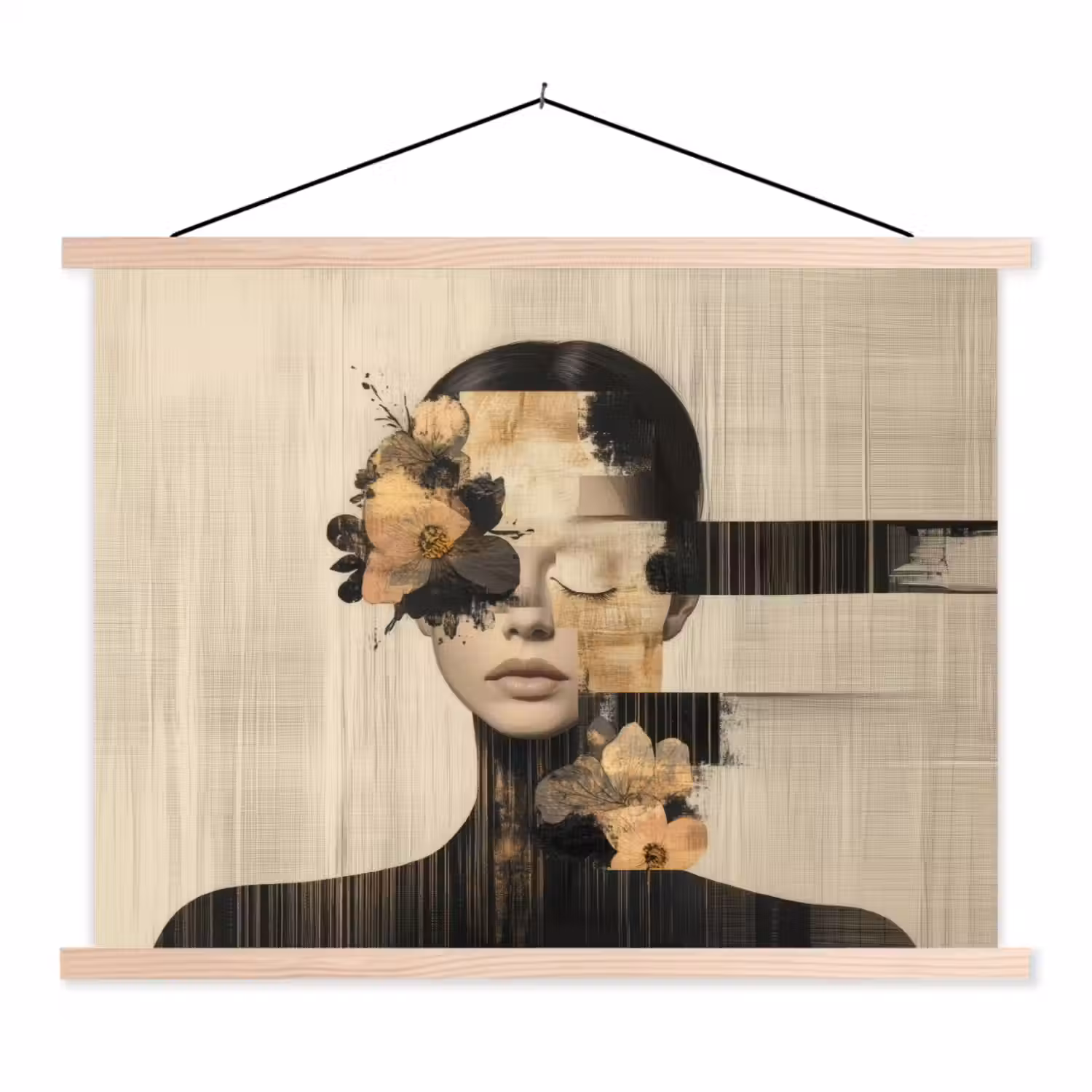 Gezicht - Bloemen - Zwart - Vrouw textielposter latten blank klein -3d