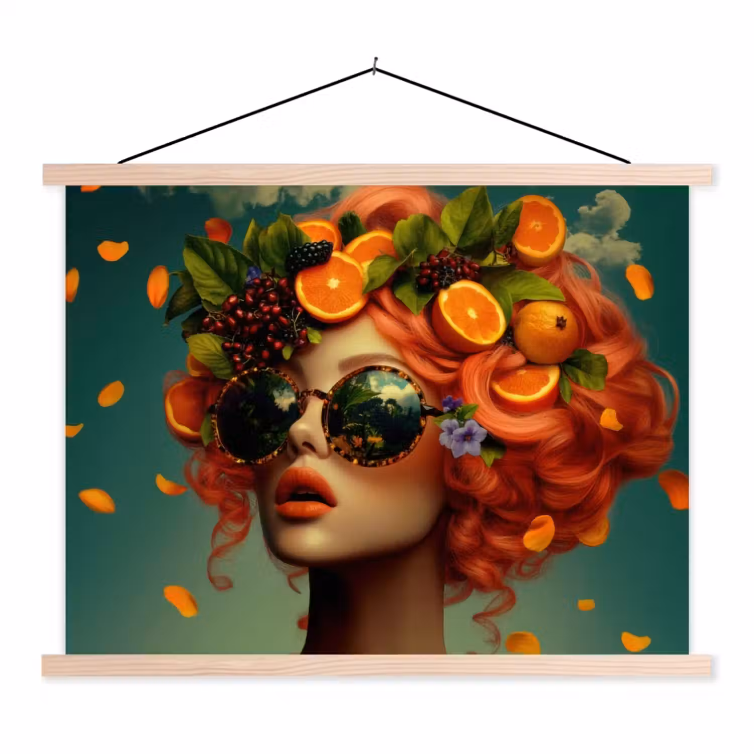 Vrouw - Sinaasappel - Bessen - Oranje textielposter latten blank klein -3d