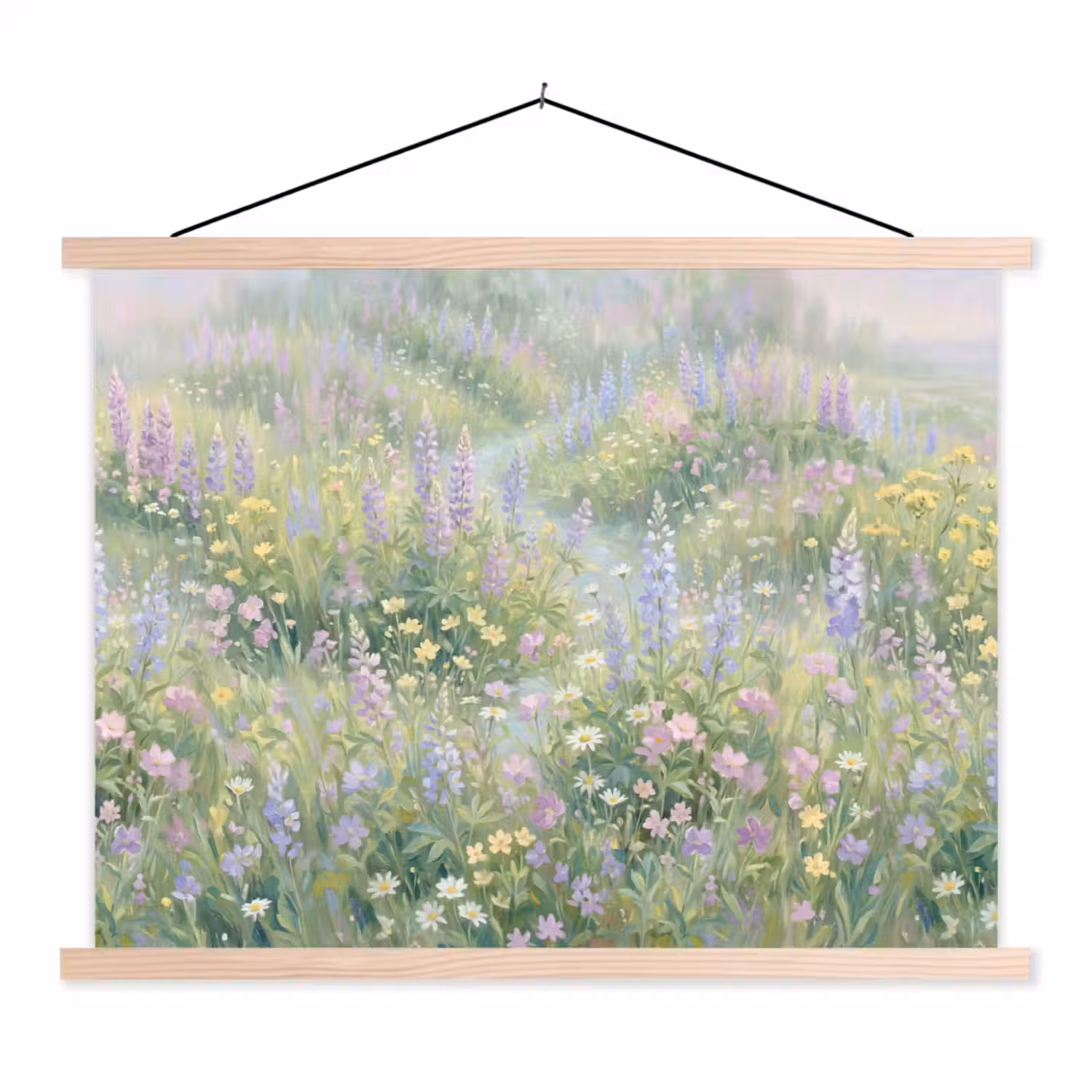 Bloemenveld - Heuvels - Kleurrijk textielposter latten blank klein -3d