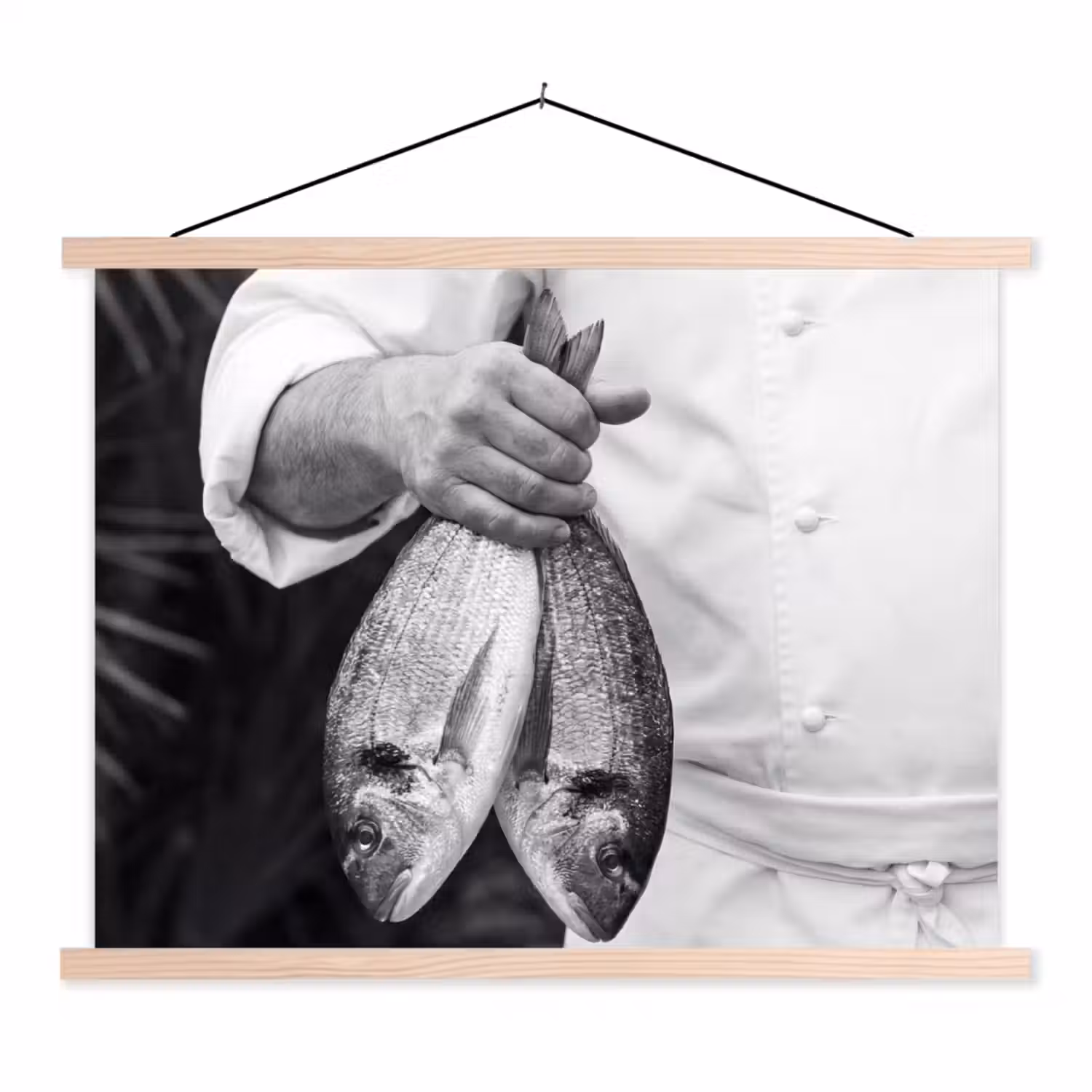 Vissen - Chef - Zwart - Wit textielposter latten blank klein -3d
