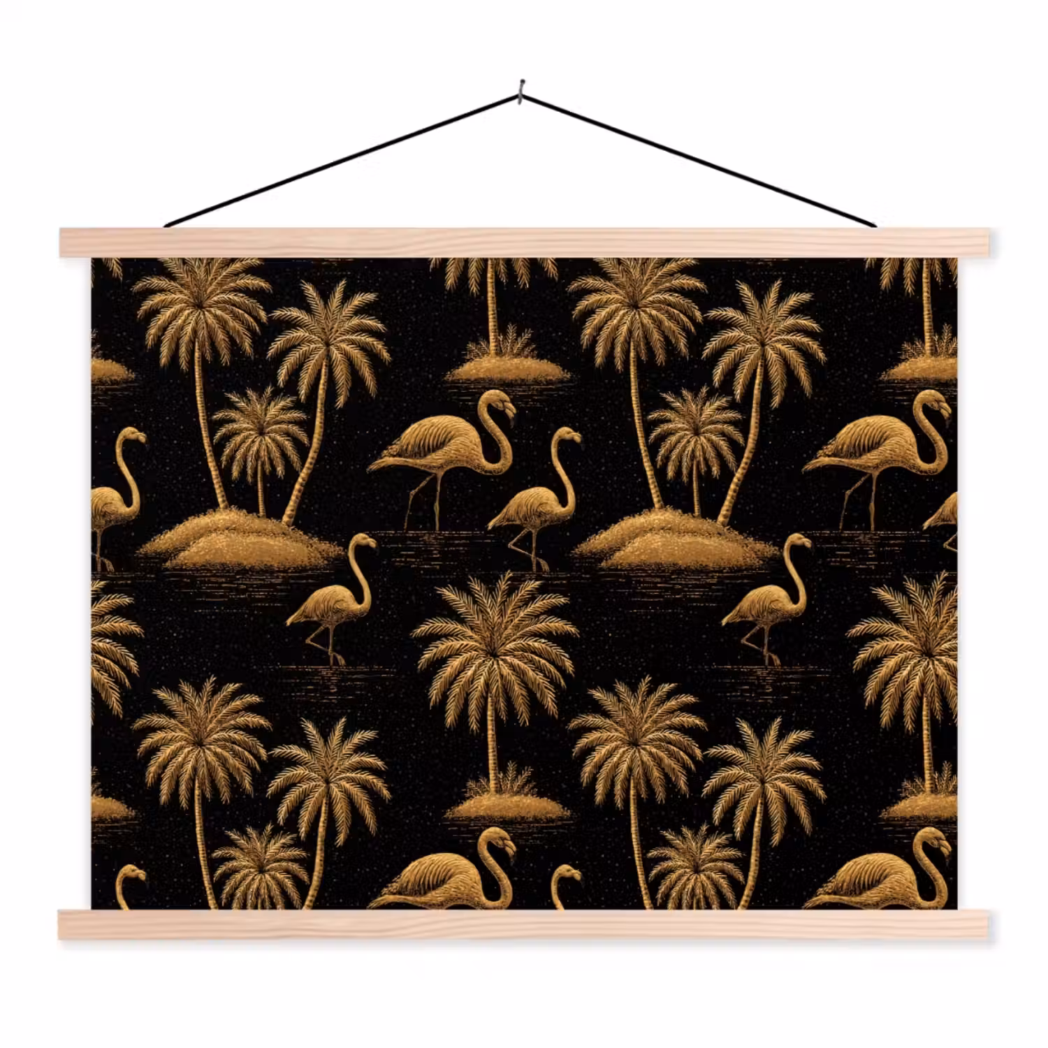 Flamingo - Palmbomen - Tropisch - Goud - Zwart textielposter latten blank klein 122 -3d