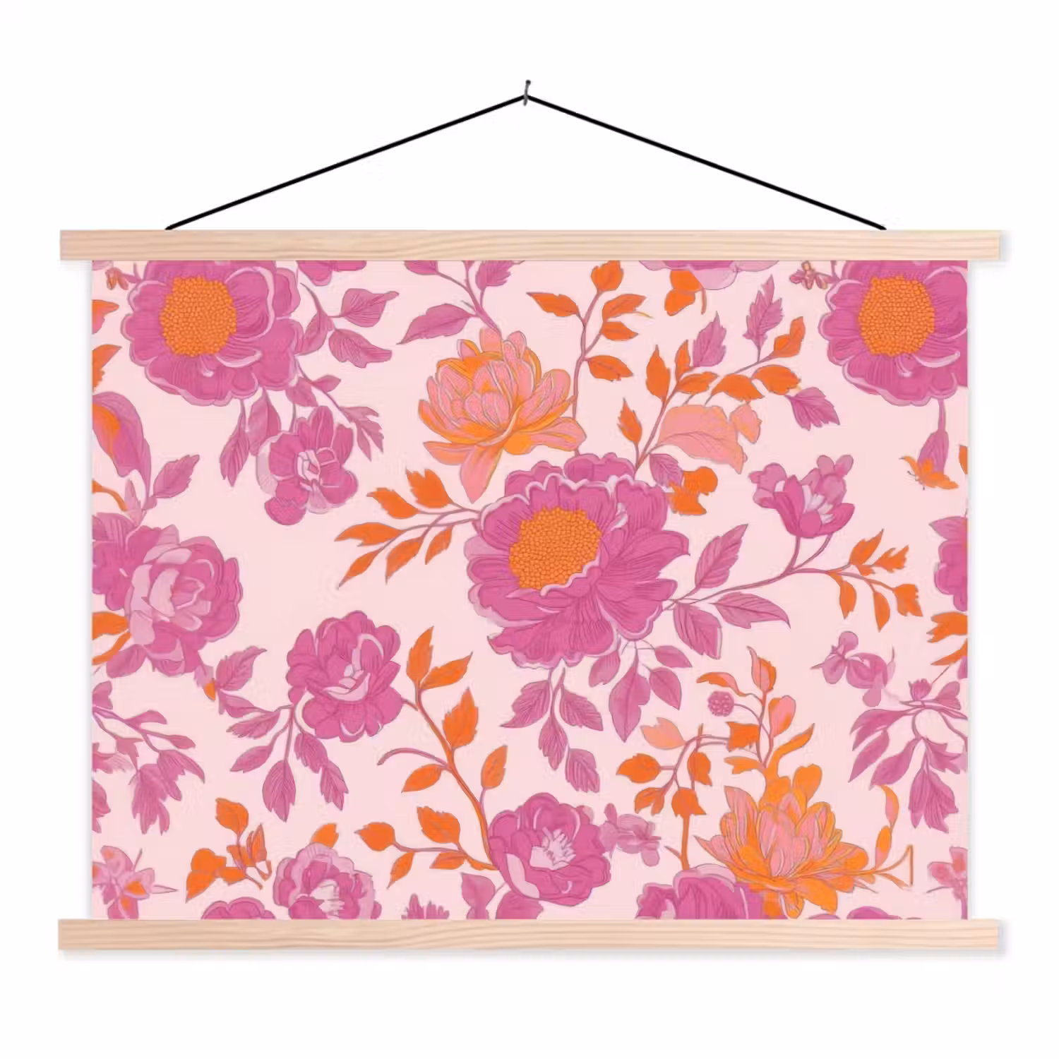 Bloemenpatroon - Roze - Oranje - Bloemen textielposter latten blank klein -3d