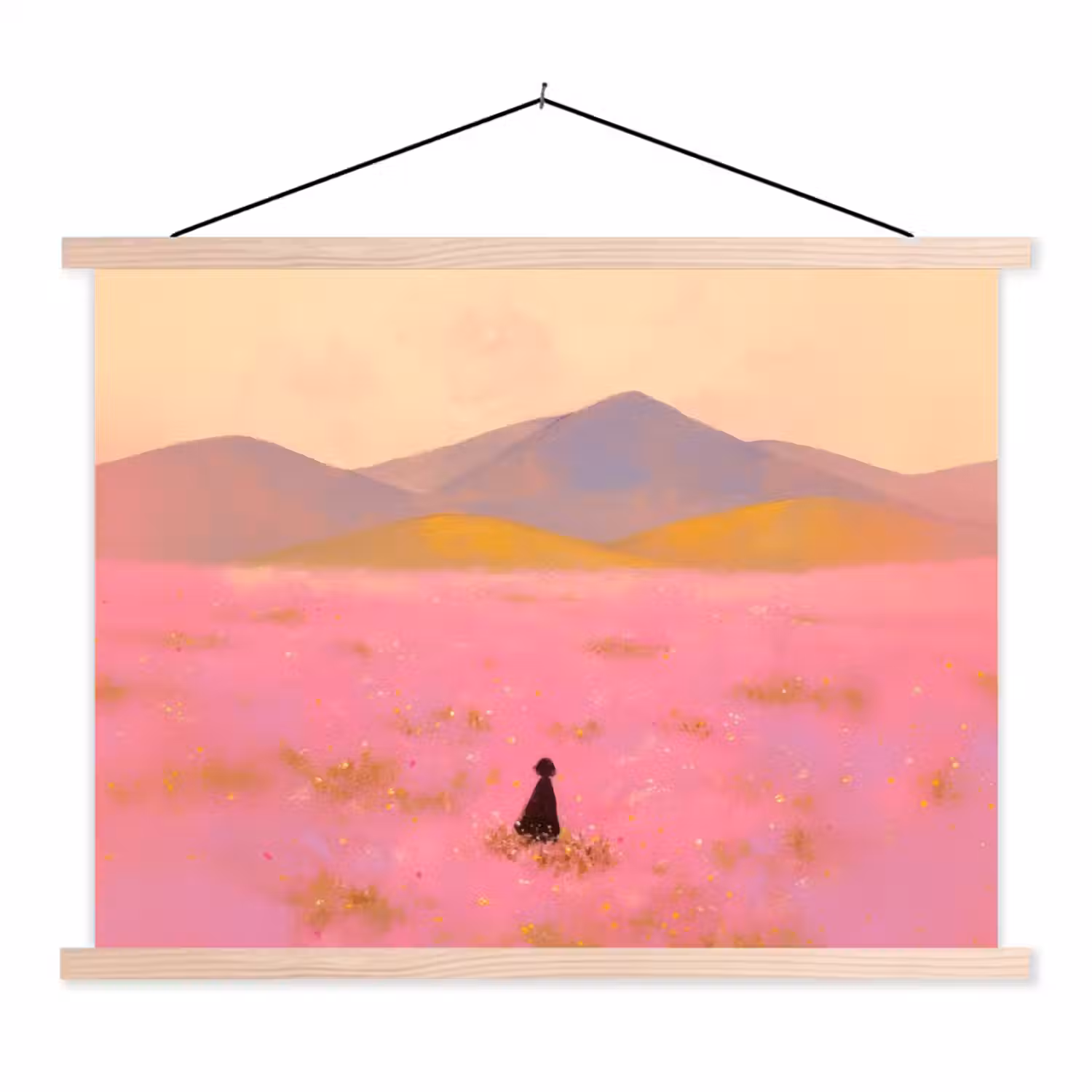 Bloemenweide - Heuvels - Silhouet - Roze textielposter latten blank klein -3d