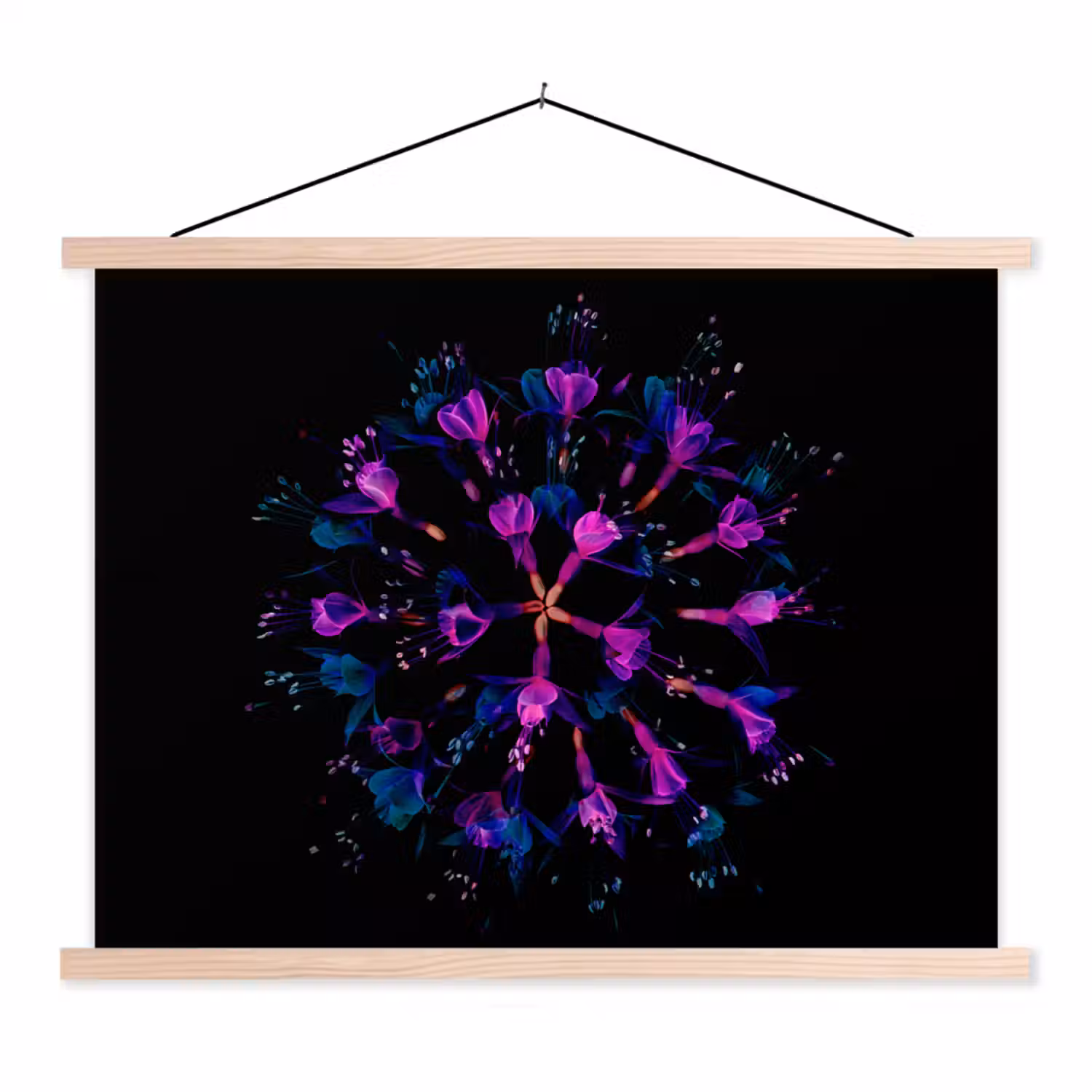Bloem - Paars - Blauw - Macro - Zwart textielposter latten blank klein -3d