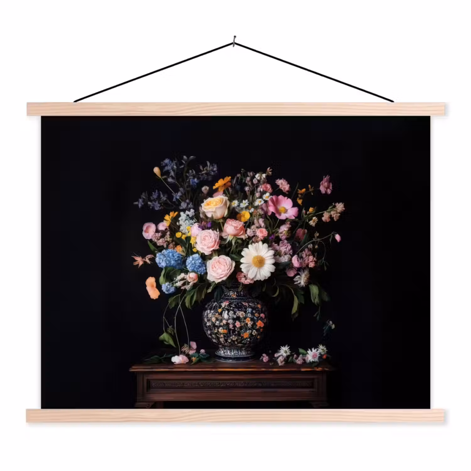 Bloemenvaas - Hout - Bloemen - Boeket textielposter latten blank klein -3d