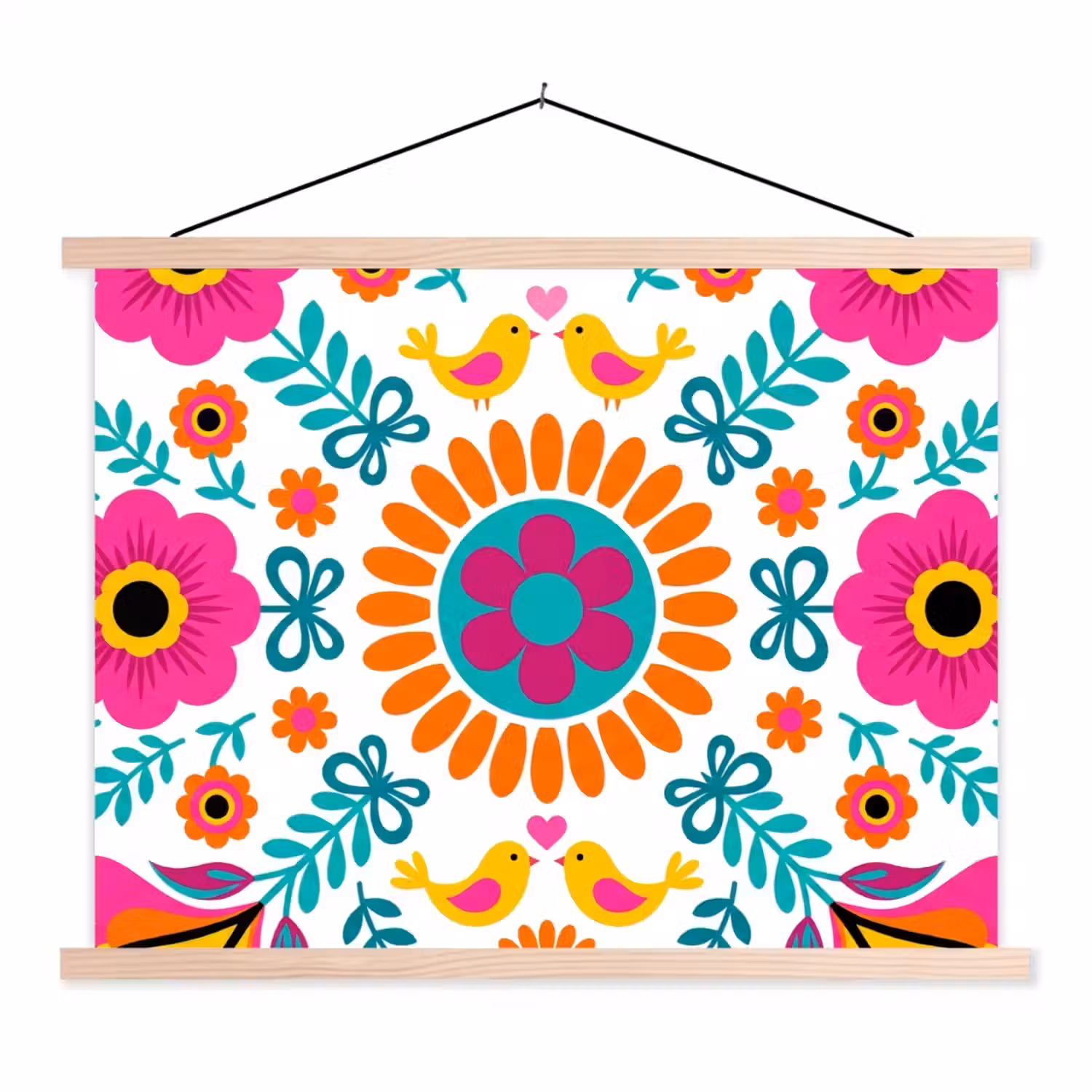 Bloemen - Vogel - Patroon - Kleurrijk - Modern textielposter latten blank klein -3d