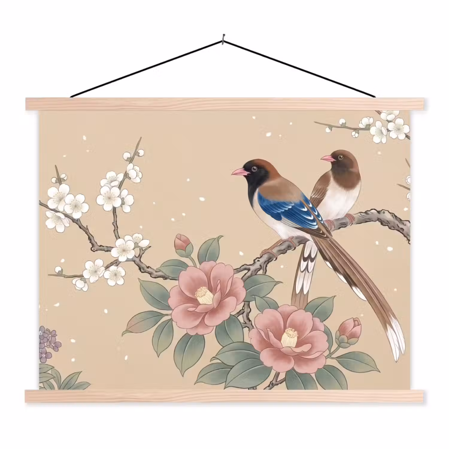 Bloemen - Vogels - Bloemen textielposter latten blank klein -3d