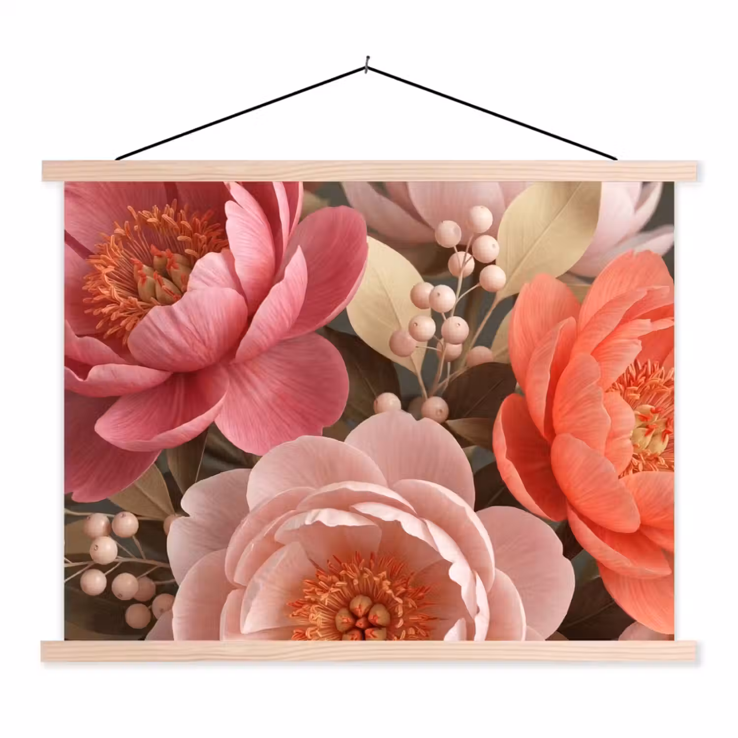 Bloemen - Bloesem - Zacht - Koraal - Decoratie textielposter latten blank klein -3d