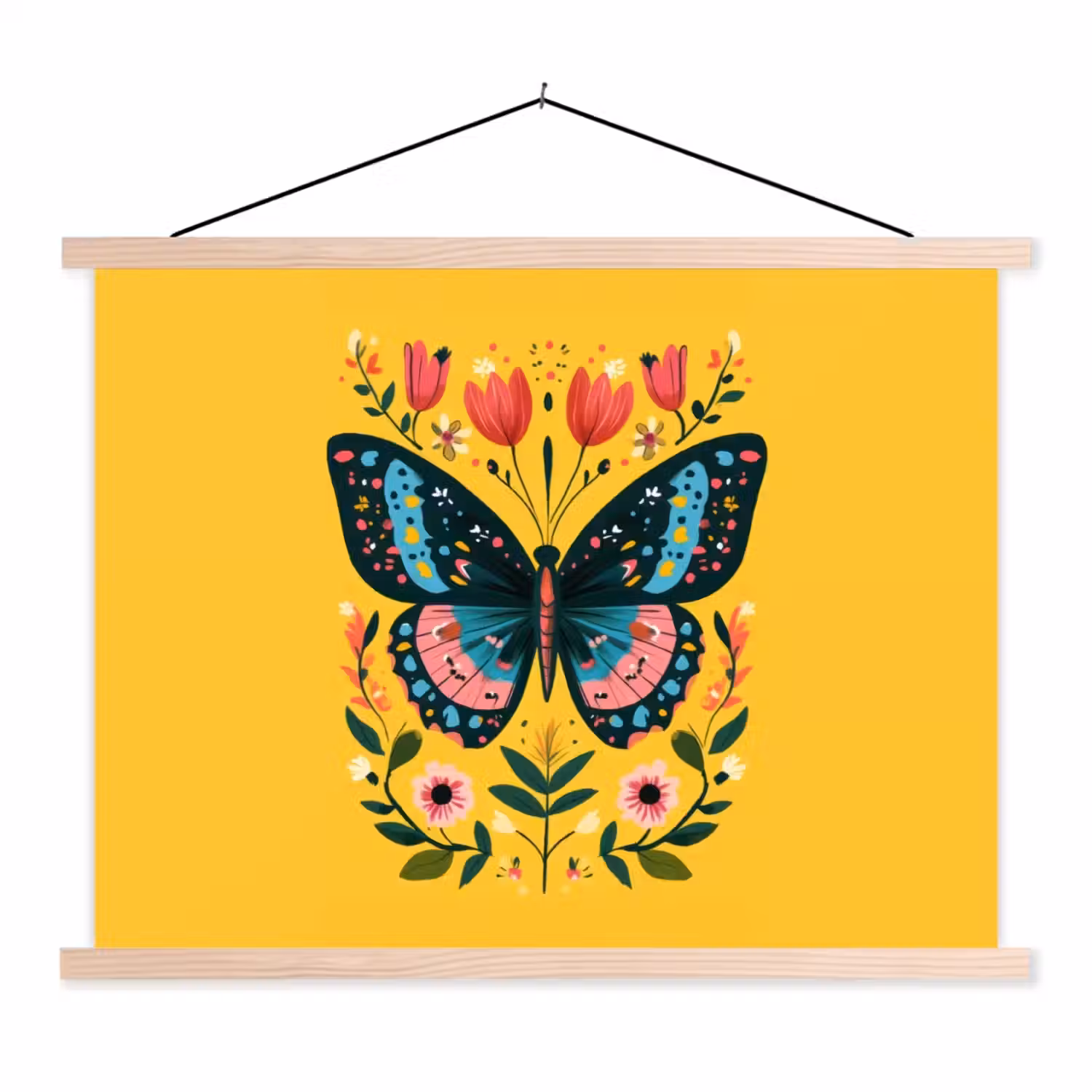 Bloemen - Kleurrijk - Vlinder - Sierlijk textielposter latten blank klein -3d