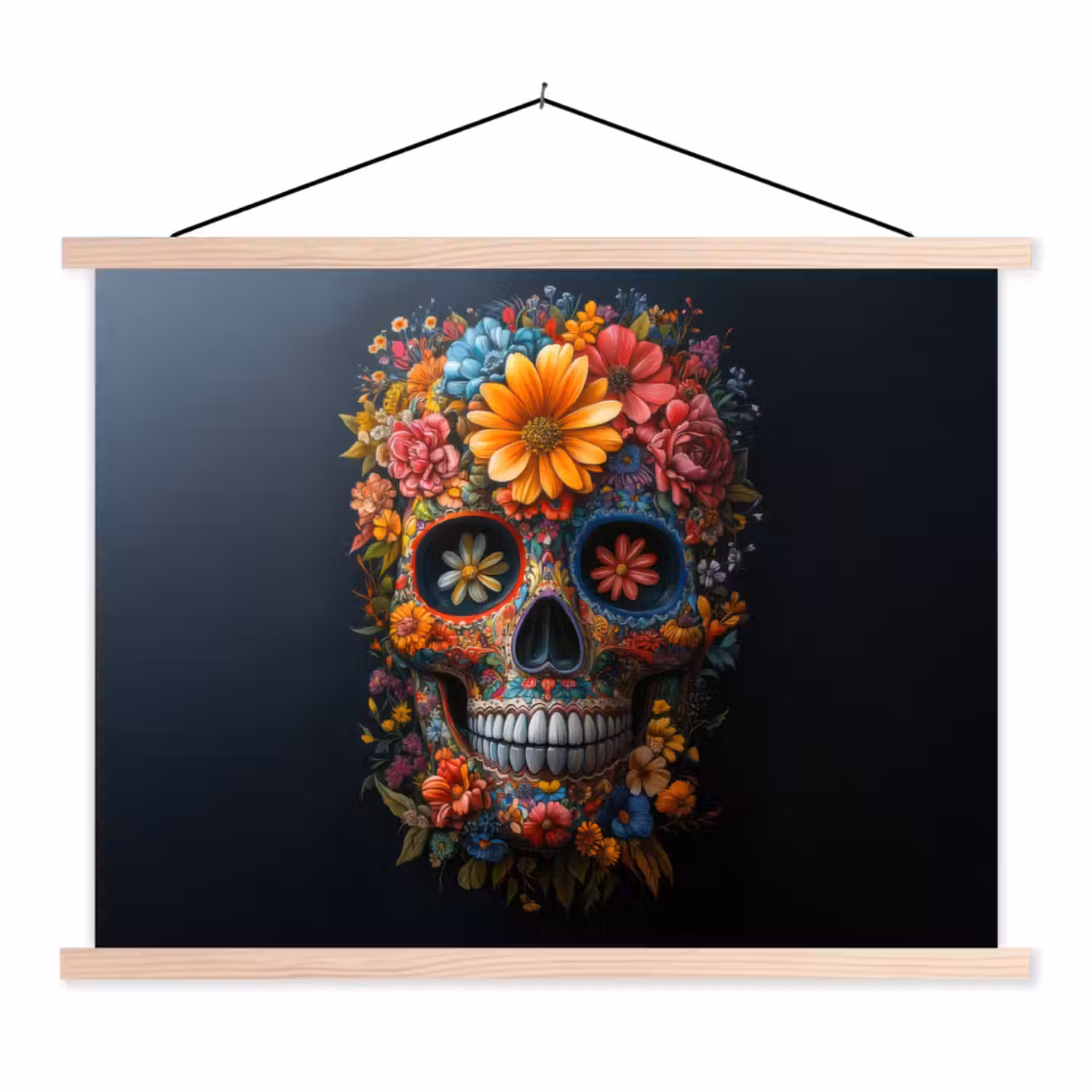 Bloemen - Kleurrijk - Schedel textielposter latten blank klein -3d
