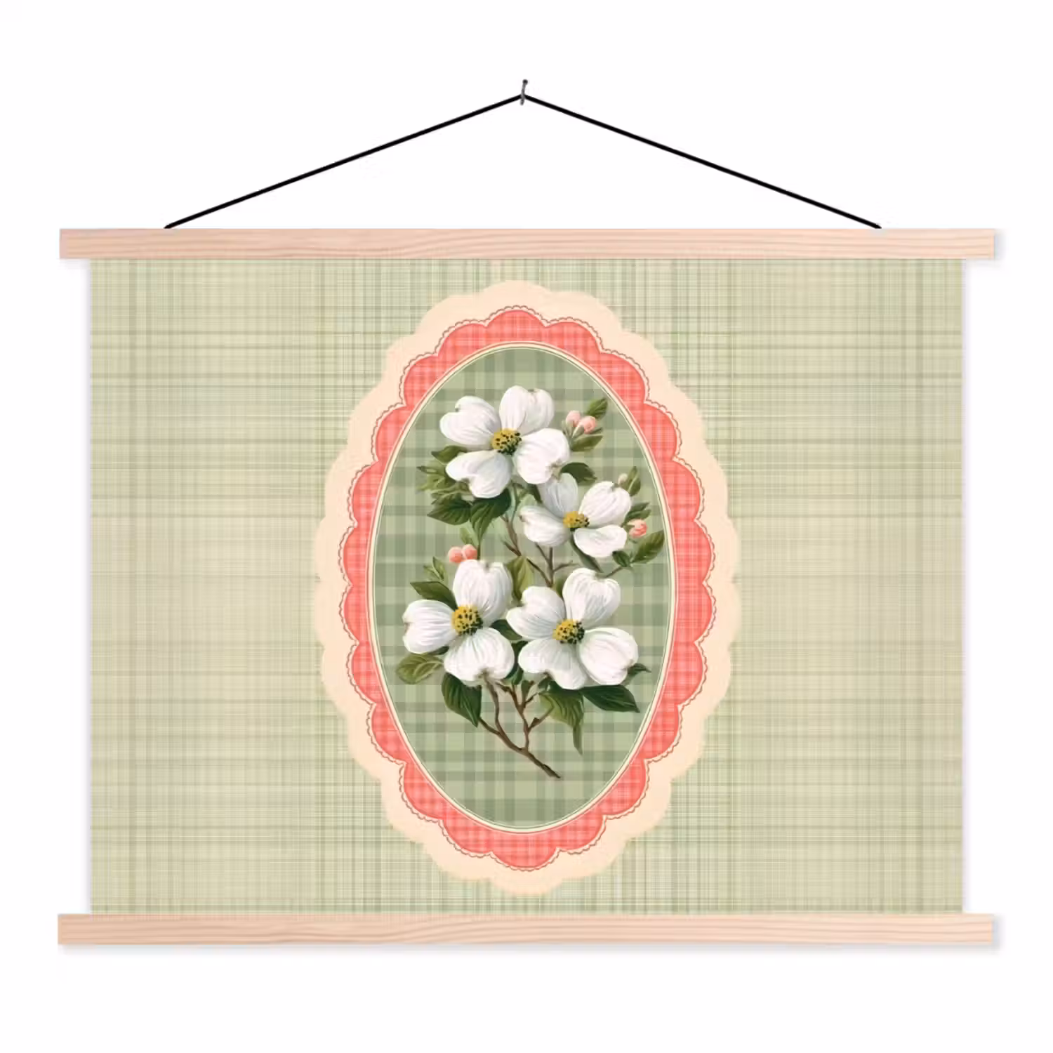 Bloemen - Illustratie - Geruit - Groen textielposter latten blank klein -3d