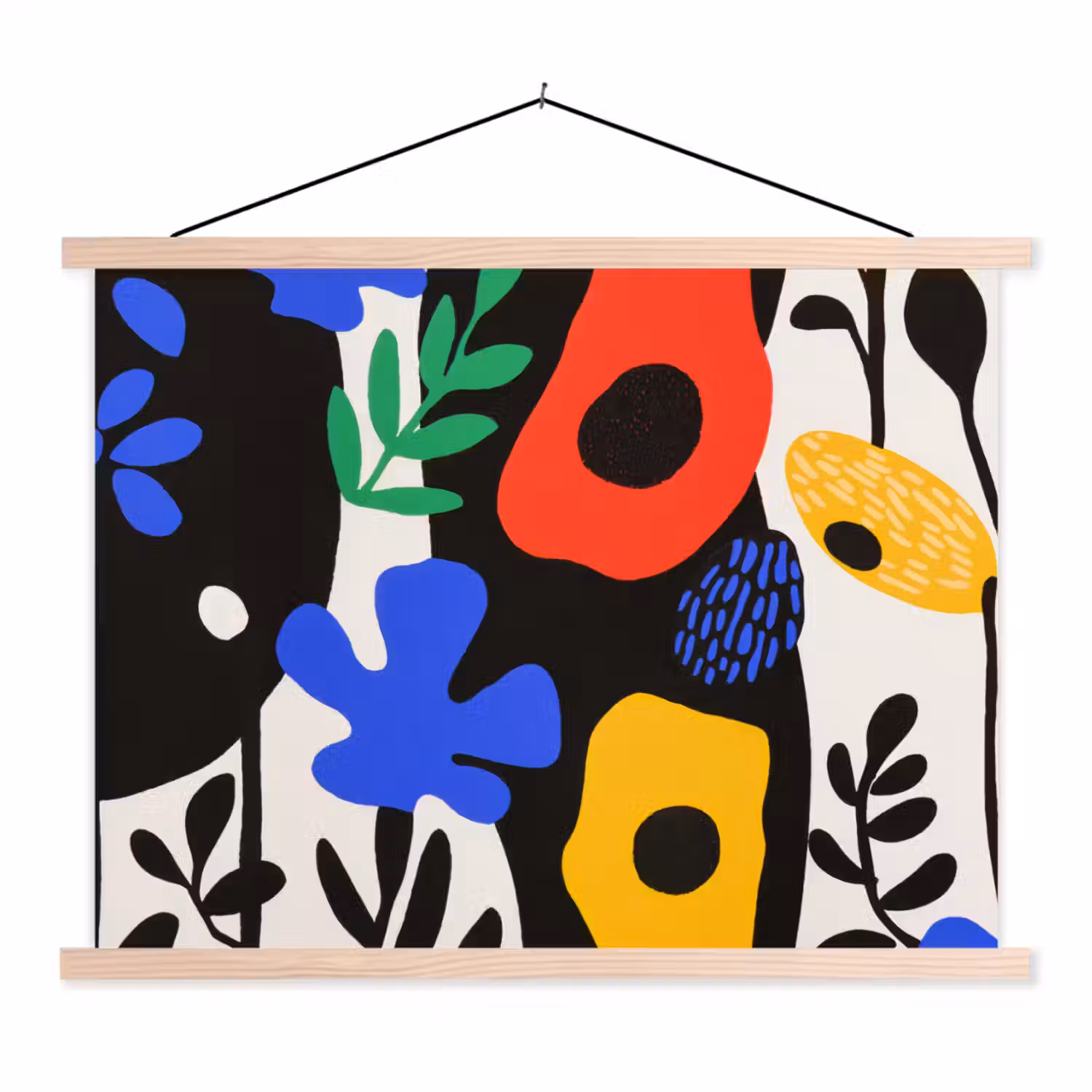 Bloemen - Bladeren - Abstract - Zwart textielposter latten blank klein -3d