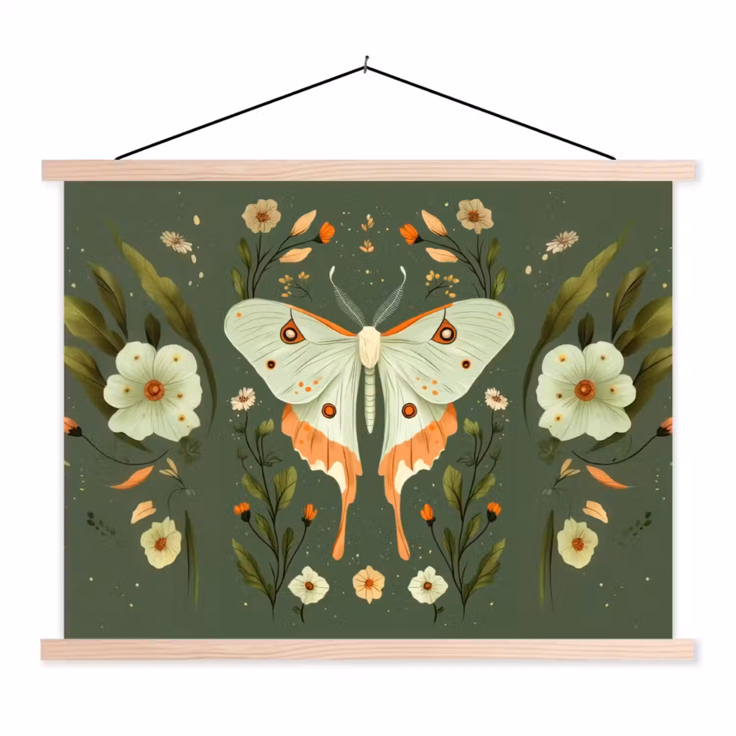 Bloemen - Bladeren - Olijfgroen - Vlinder textielposter latten blank klein -3d