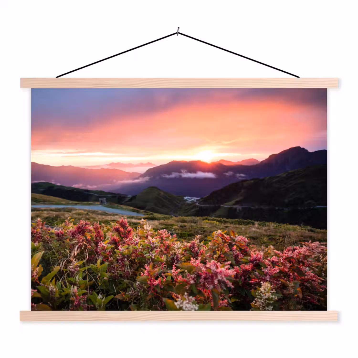Bloemen - Bergen - Landschap - Nacht - Lucht - Roze textielposter latten blank klein -3d