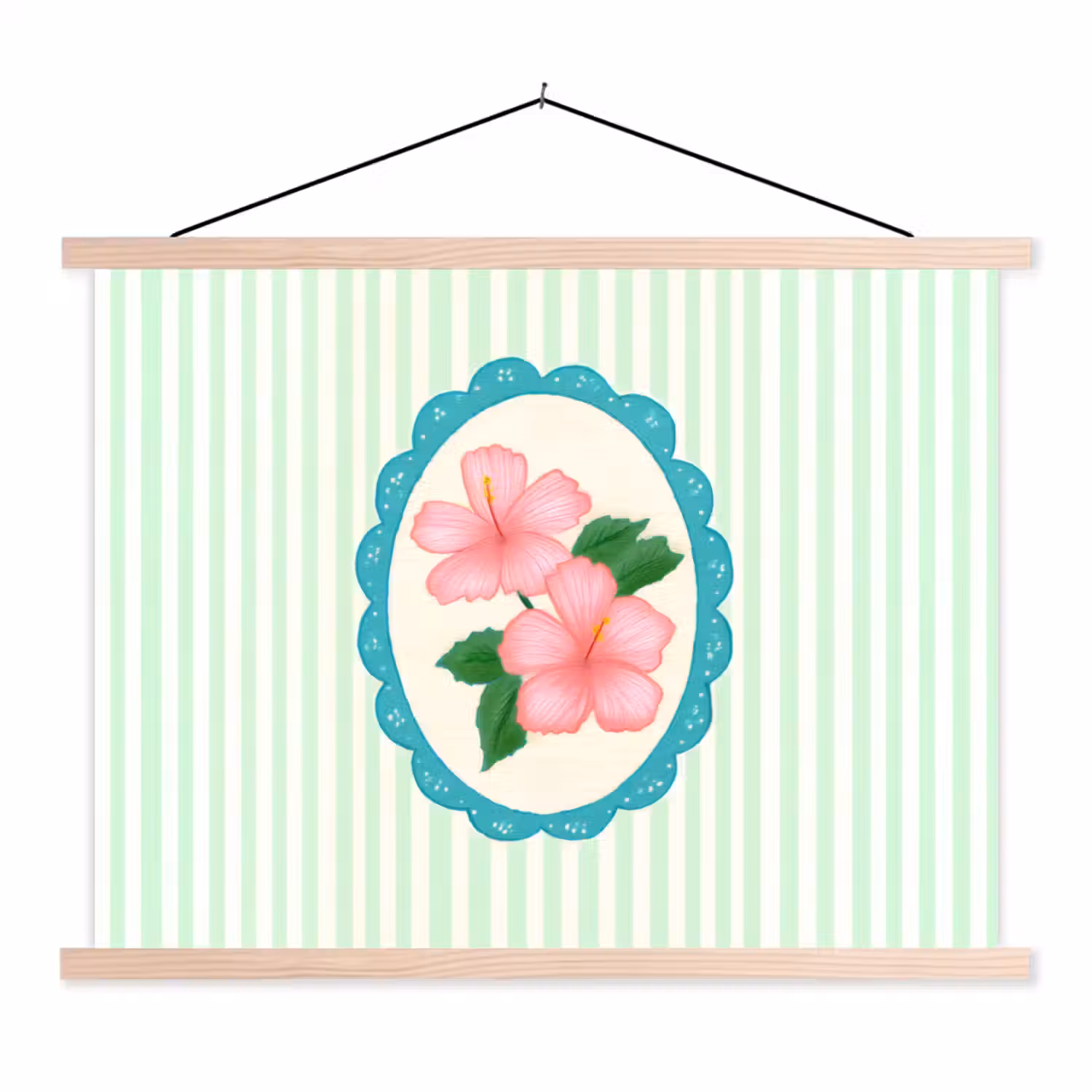 Bloemen - Ovaal - Strepen - Groen textielposter latten blank klein -3d