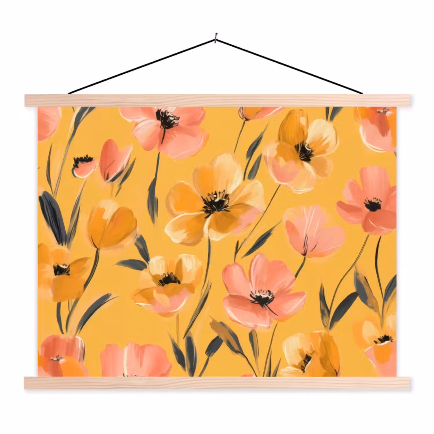 Bloemen - Geschilderd - Geel textielposter latten blank klein -3d