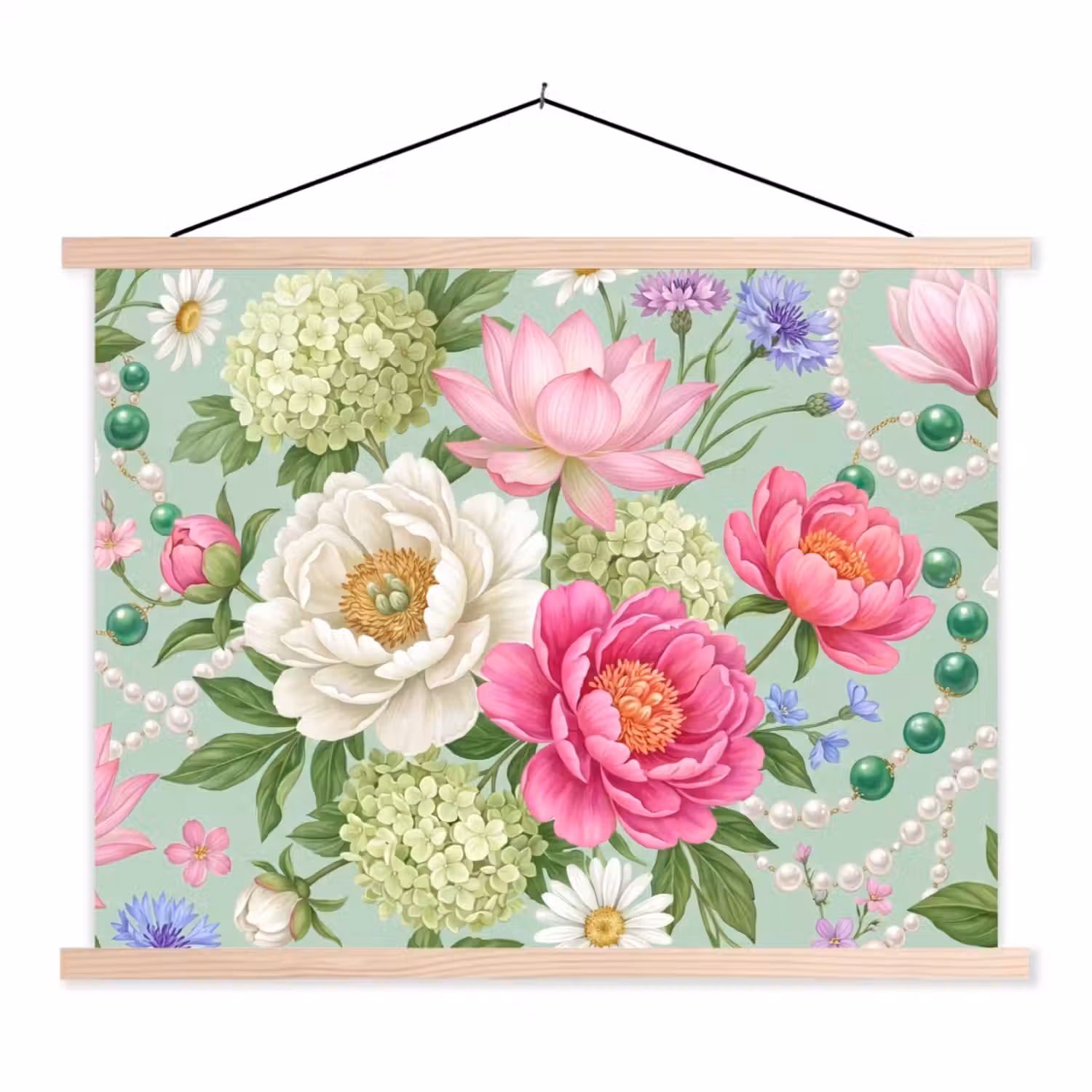 Bloemen - Patroon - Botanisch - Groen textielposter latten blank klein -3d