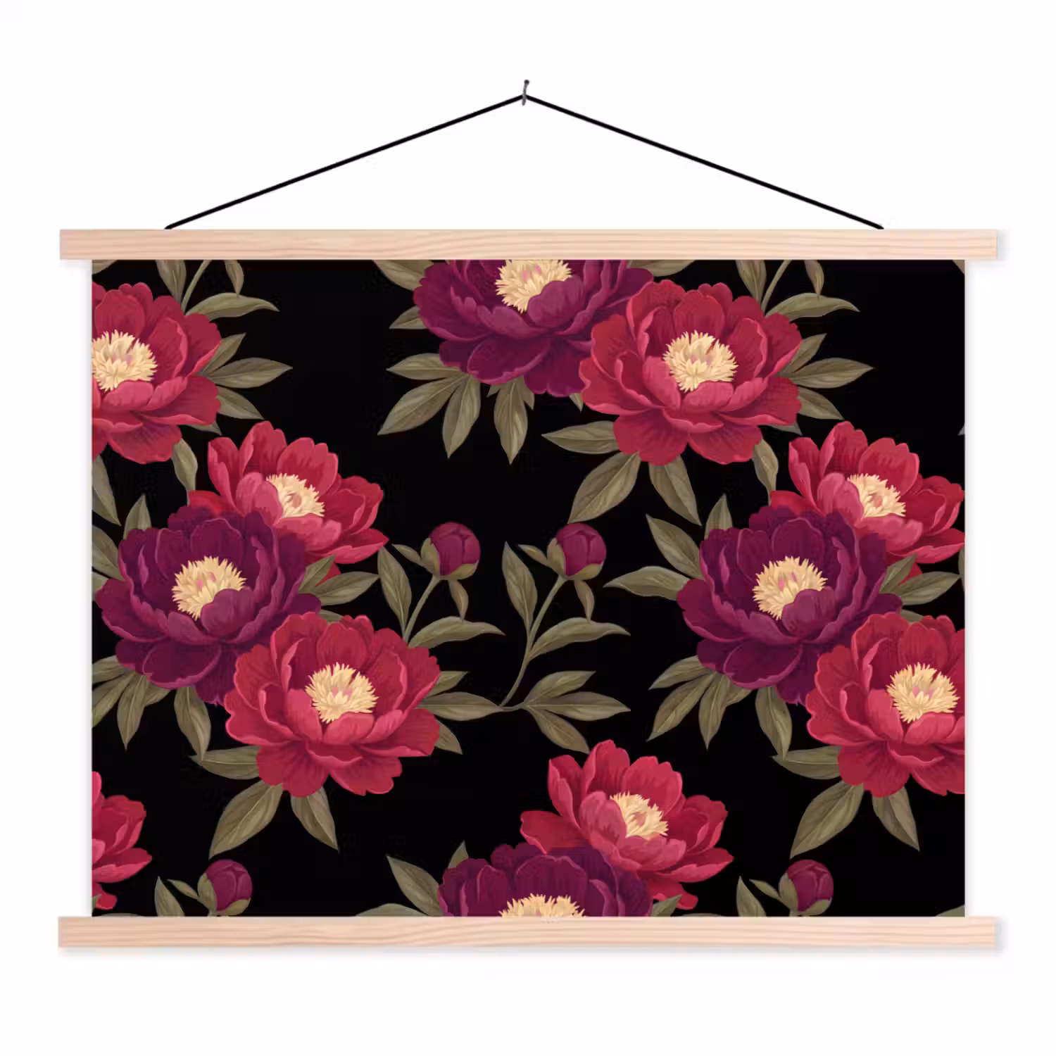 Bloemen - Patroon - Botanisch - Rood - Zwart textielposter latten blank klein -3d