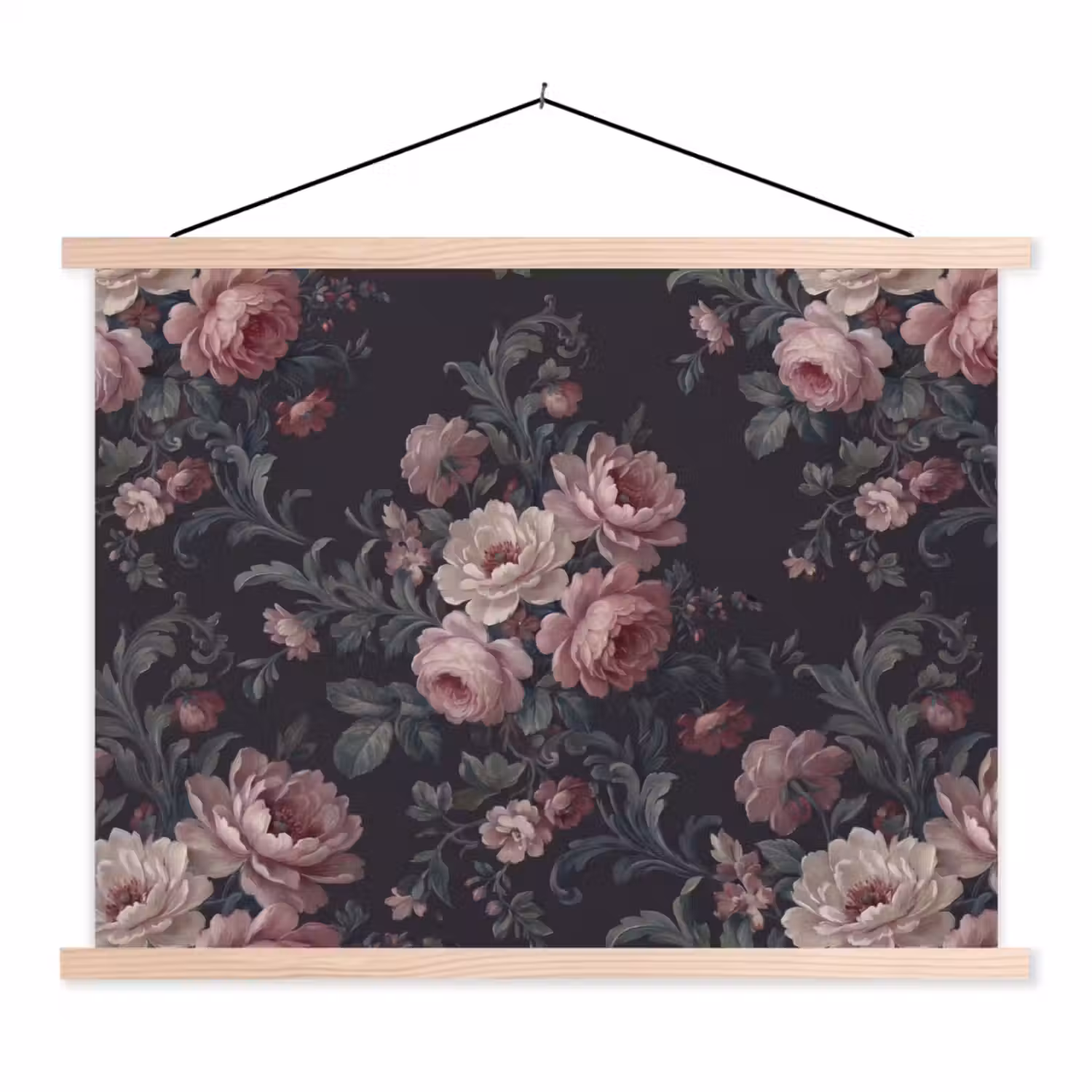 Bloemen - Patroon - Sierlijk - Roze - Donker textielposter latten blank klein -3d