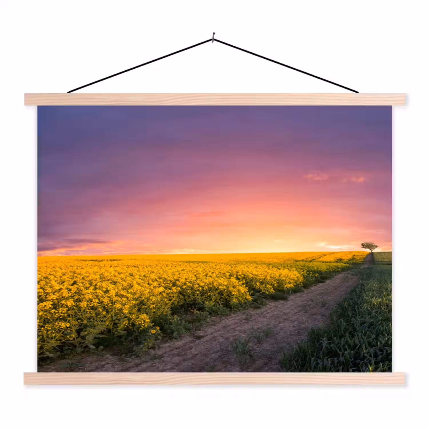 Bloemen - Weg - Lucht - Geel - Paars - Zonsondergang - Natuur textielposter latten blank klein -3d
