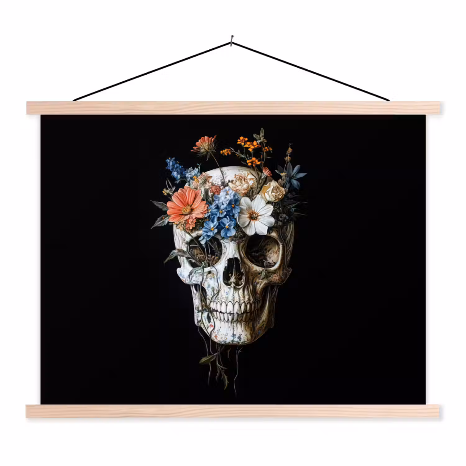 Bloemen - Schedel - Kleurrijk textielposter latten blank klein -3d