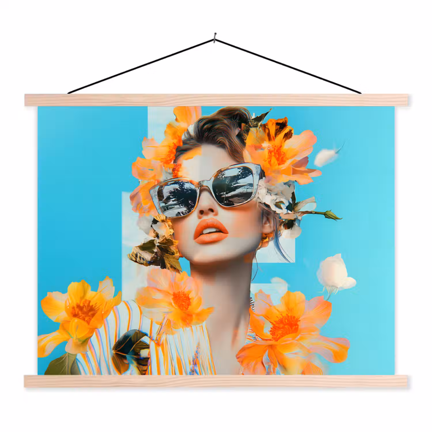 Bloemen - Vrouw - Zonnebril - Blauw textielposter latten blank klein -3d
