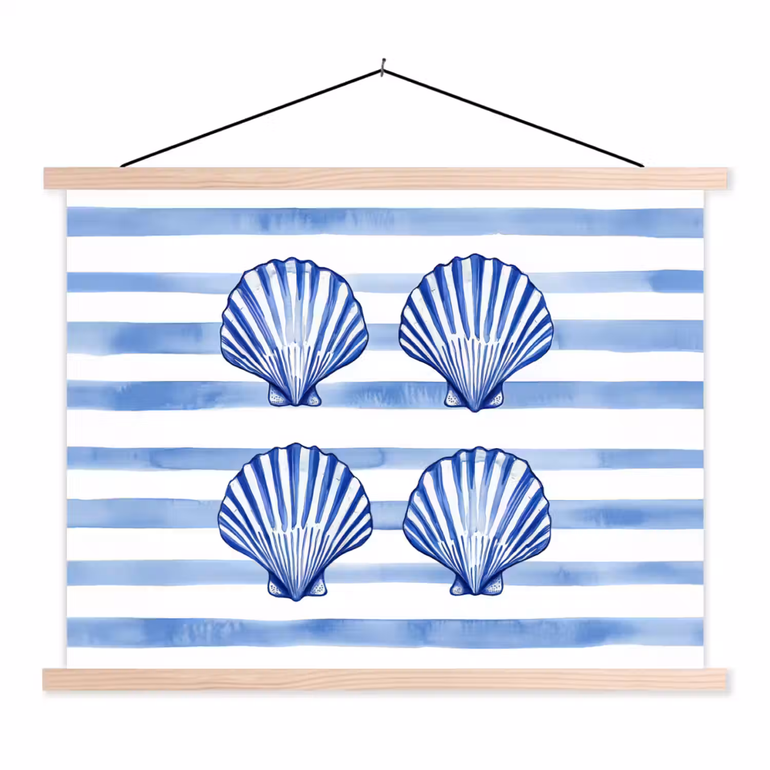 Vier schelpen - Blauw - Wit - Strepen textielposter latten blank klein -3d