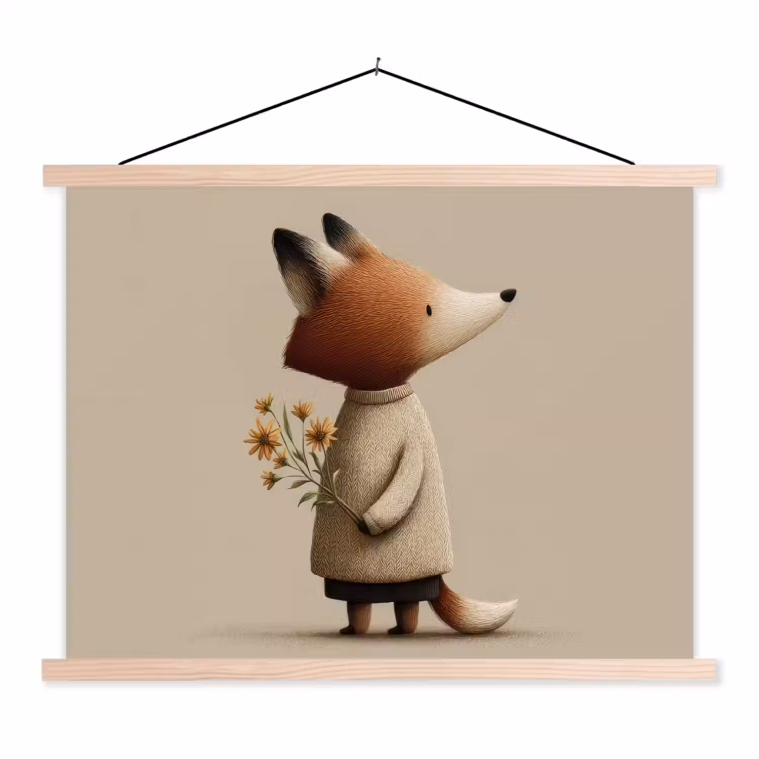 Vos - Gele bloemen - Minimalistisch textielposter latten blank klein -3d