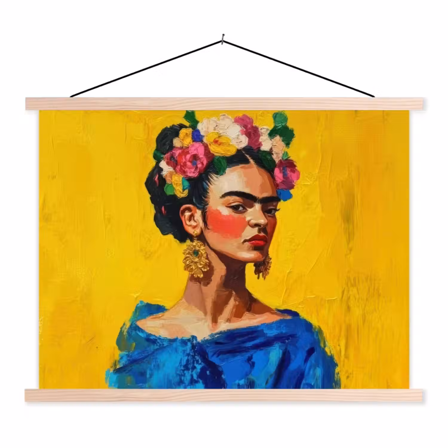 Frida Kahlo - Vrouw - Geel - Blauw - Bloemen textielposter latten blank klein -3d