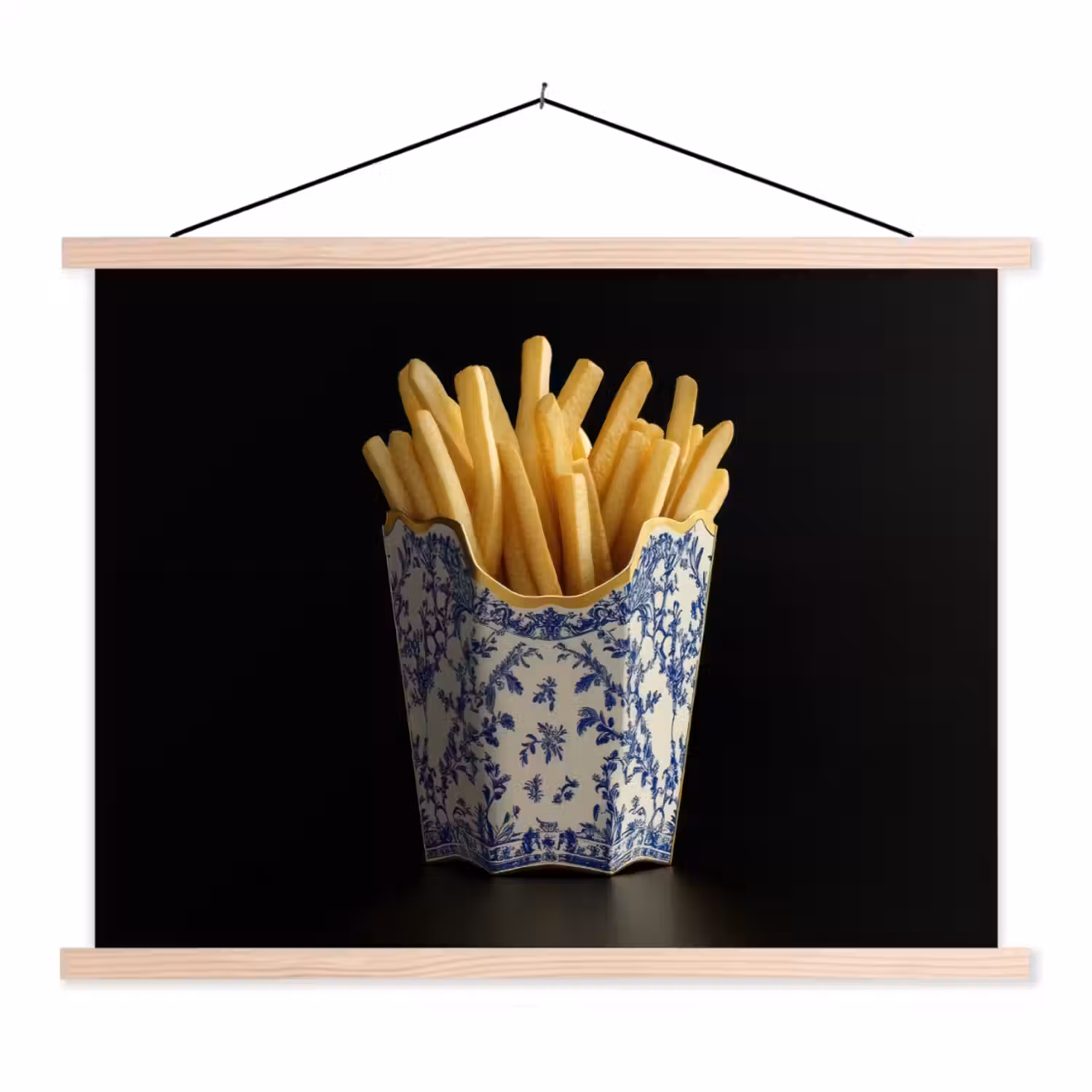Friet - Porselein - Delfts blauw - Eten textielposter latten blank klein -3d