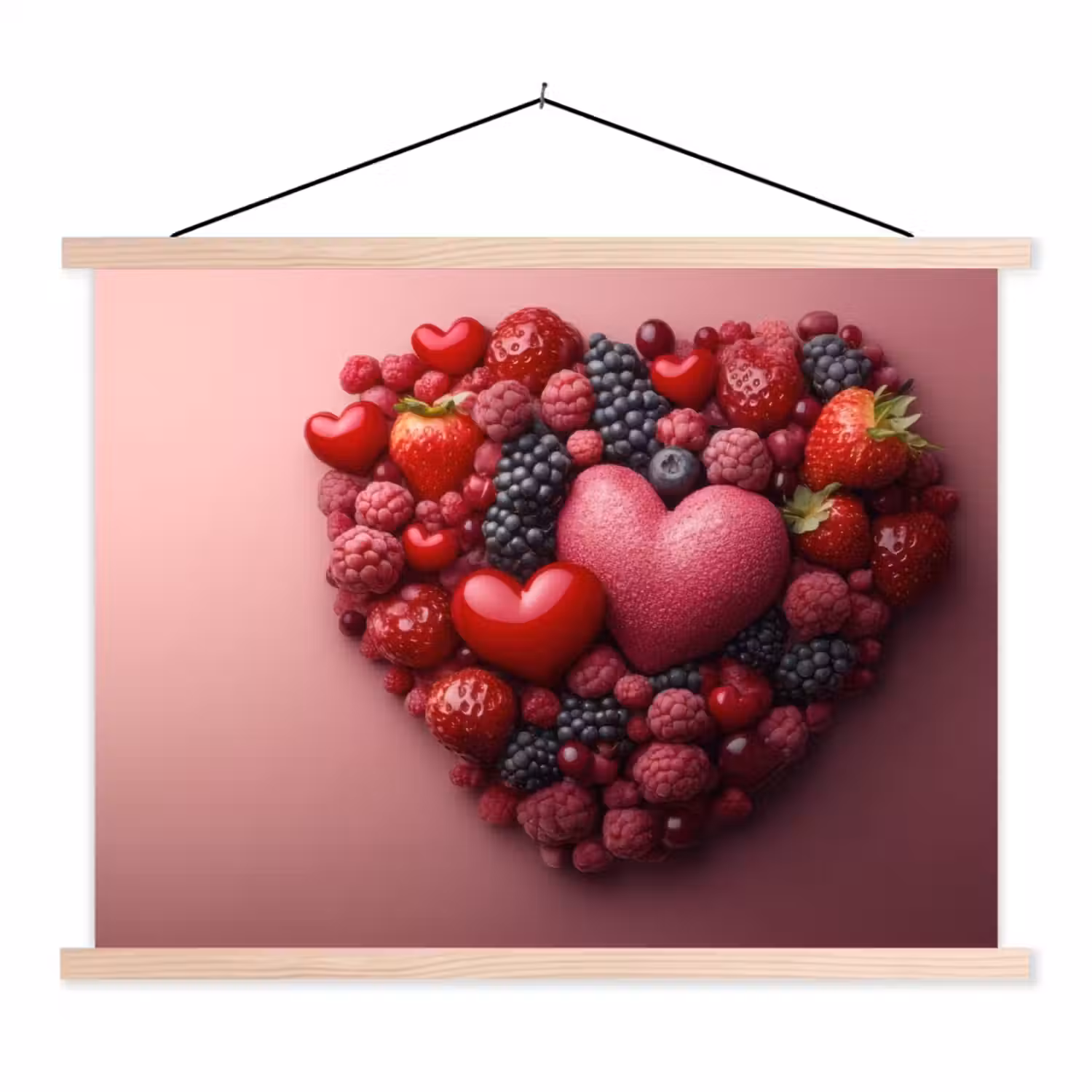 Fruit - Hartjes - Aardbeien - Frambozen - Bosbessen textielposter latten blank klein -3d