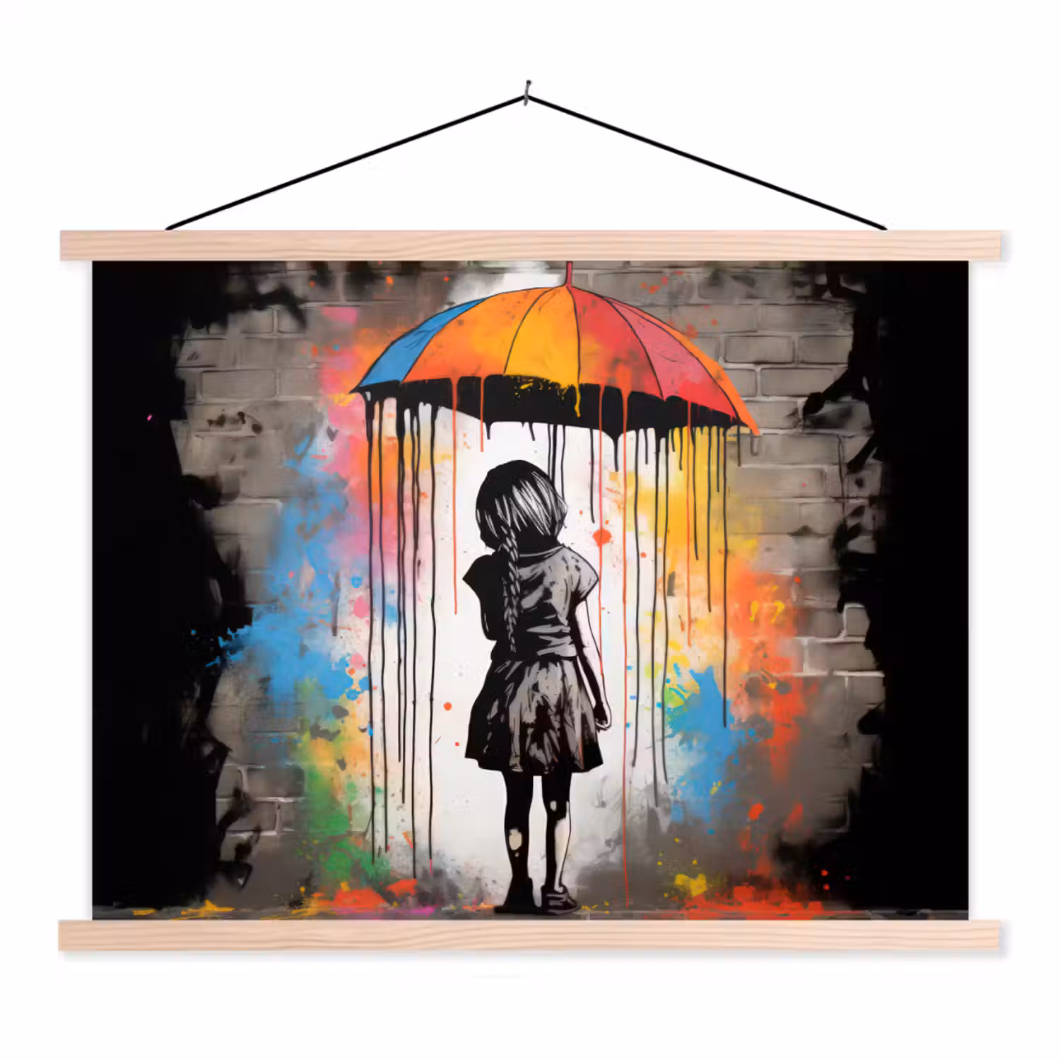 Meisje - Kunst - Paraplu - Graffiti - Kleuren - Muur textielposter latten blank klein -3d