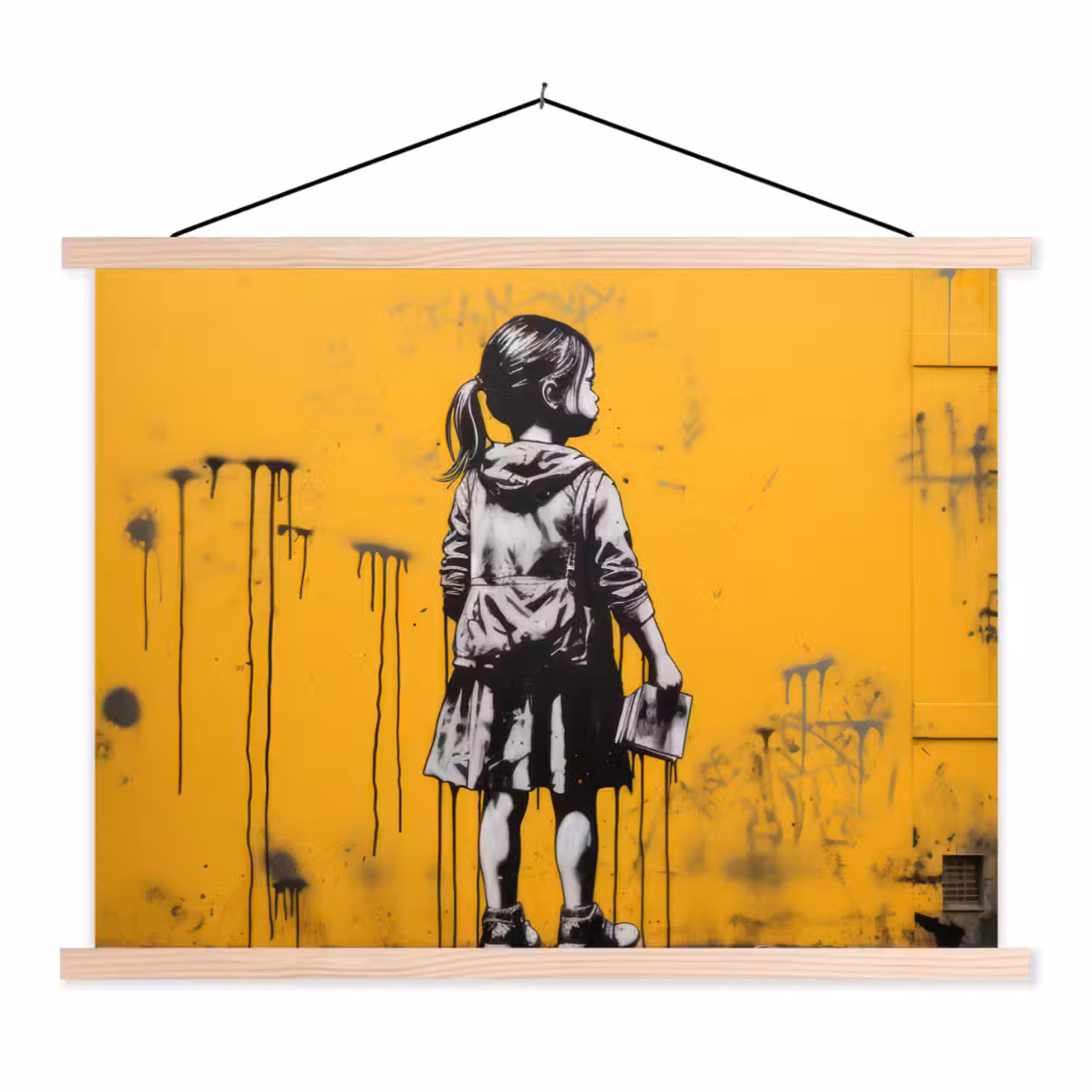Meisje - Boek - Gele Muur - Graffiti textielposter latten blank klein -3d
