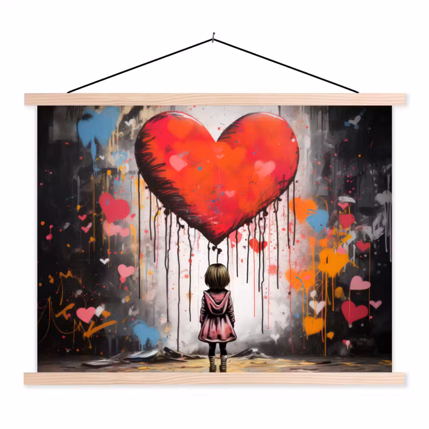 Meisje - Hart - Graffiti - Kunst - Kleuren - Rood textielposter latten blank klein -3d