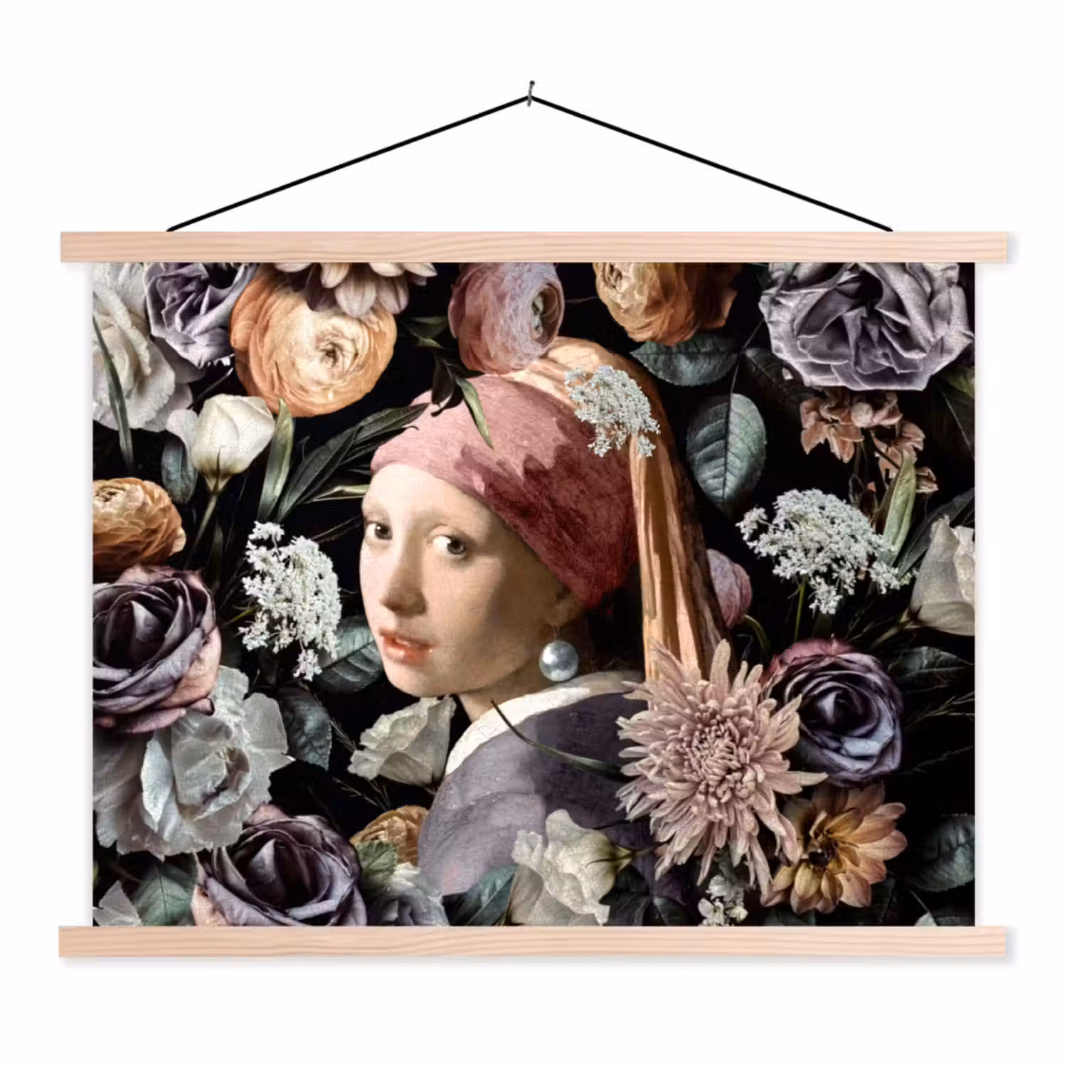 Meisje met de parel - Bloemen - Vermeer - Pastel - Kunstwerk - Schilderij - Oude meesters textielposter latten blank klein -3d