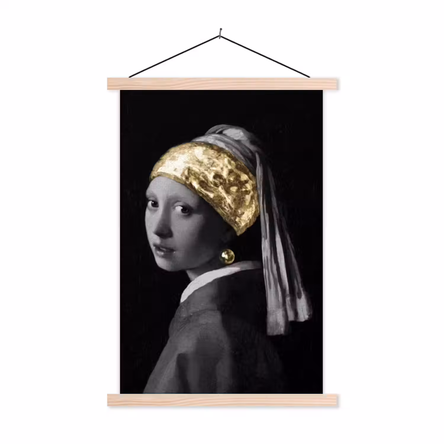 Meisje met de parel - Johannes Vermeer - Goud textielposter latten blank klein -3d
