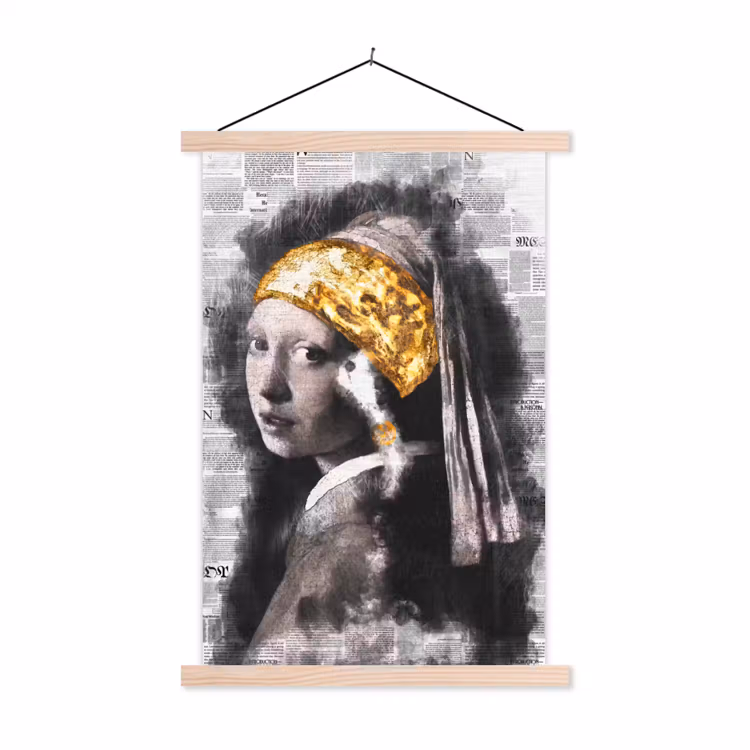 Meisje met de parel - Johannes Vermeer - Krant - Goud textielposter latten blank klein -3d