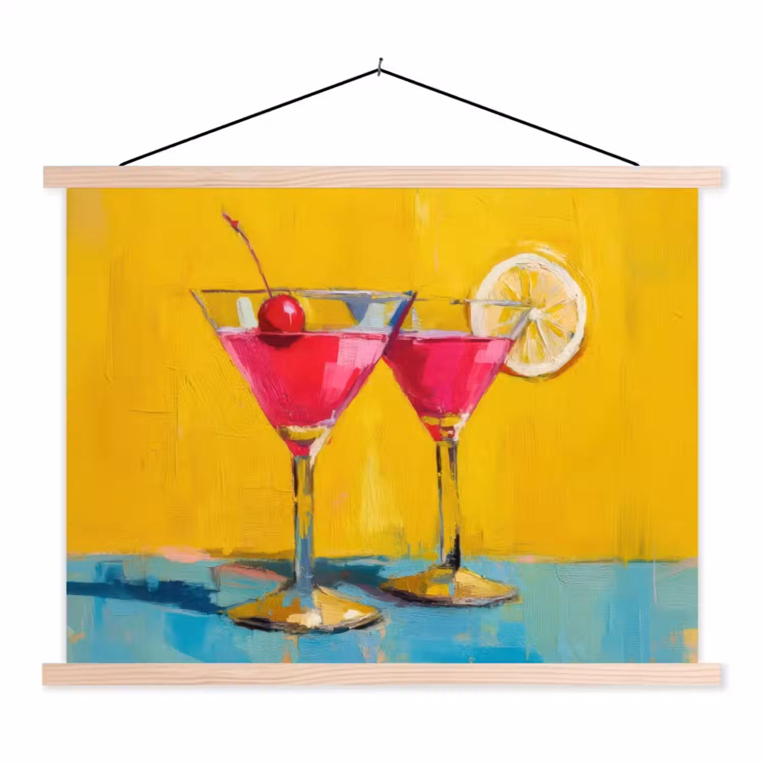 Glazen - Cocktail - Citroen - Kers textielposter latten blank klein -3d