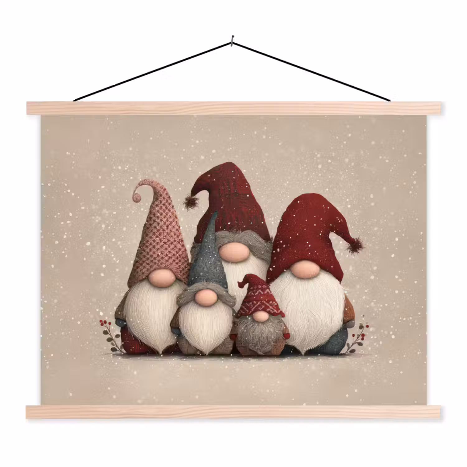 Kabouters - Kerst - Sneeuw - Puntmutsen textielposter latten blank klein -3d