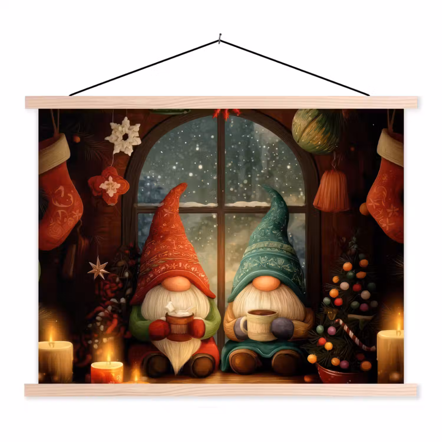 Gnooms - Kerst - Raam - Kleurrijk textielposter latten blank klein -3d