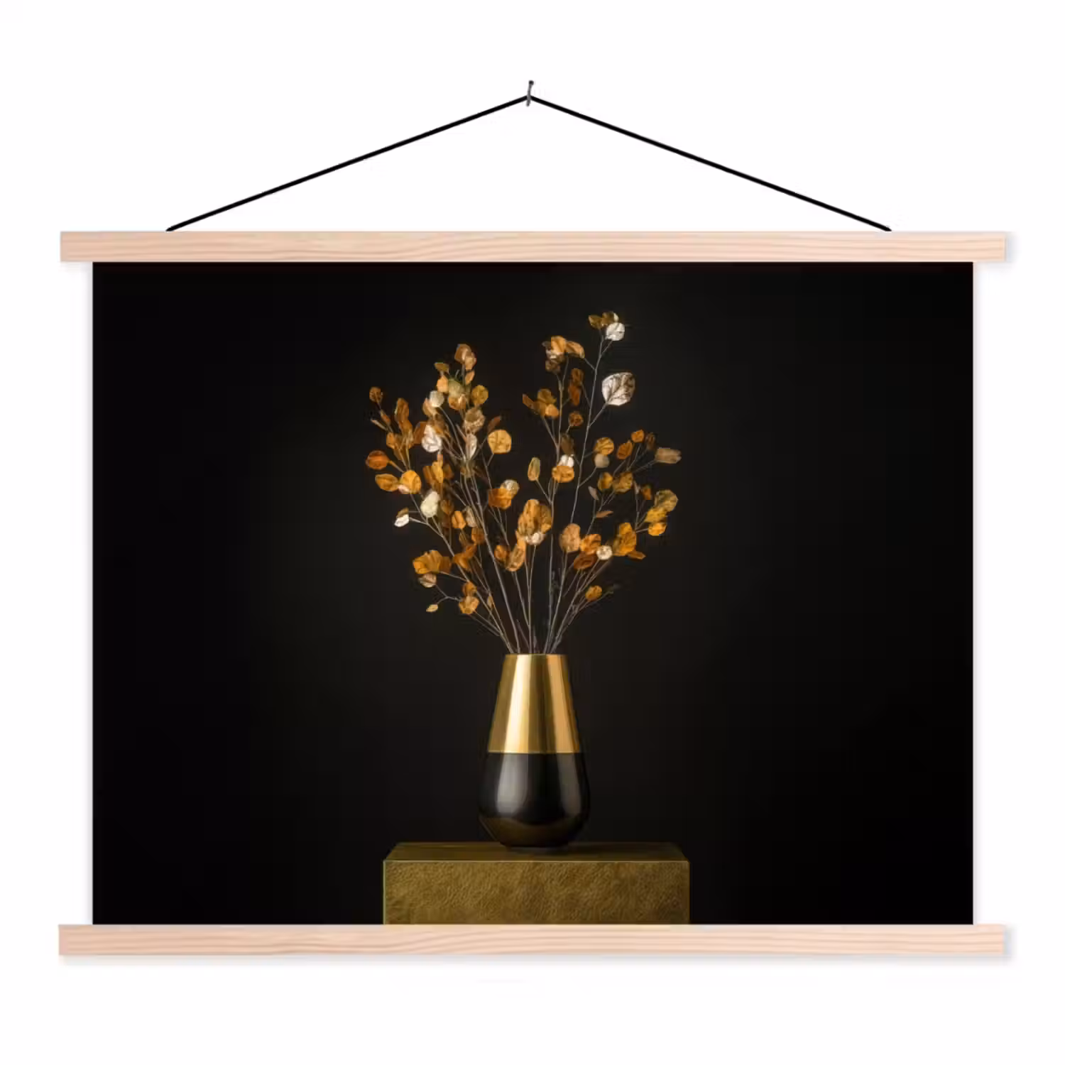 Goudbruine - Bladeren - Vaas - Herfstachtig textielposter latten blank klein -3d