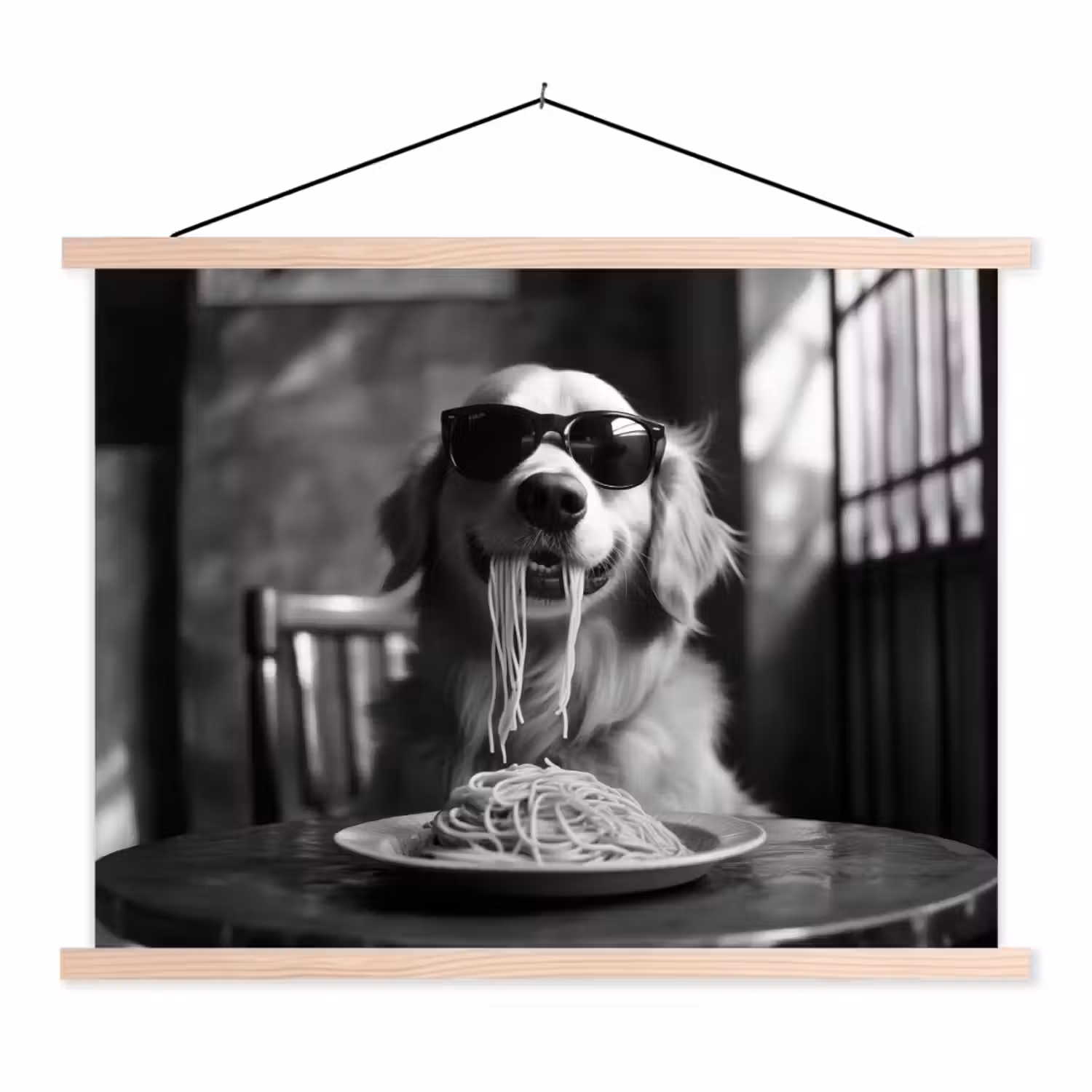Golden Retriever - Hond - Vrolijk - Bord spaghetti - Zwart - wit textielposter latten blank klein -3d